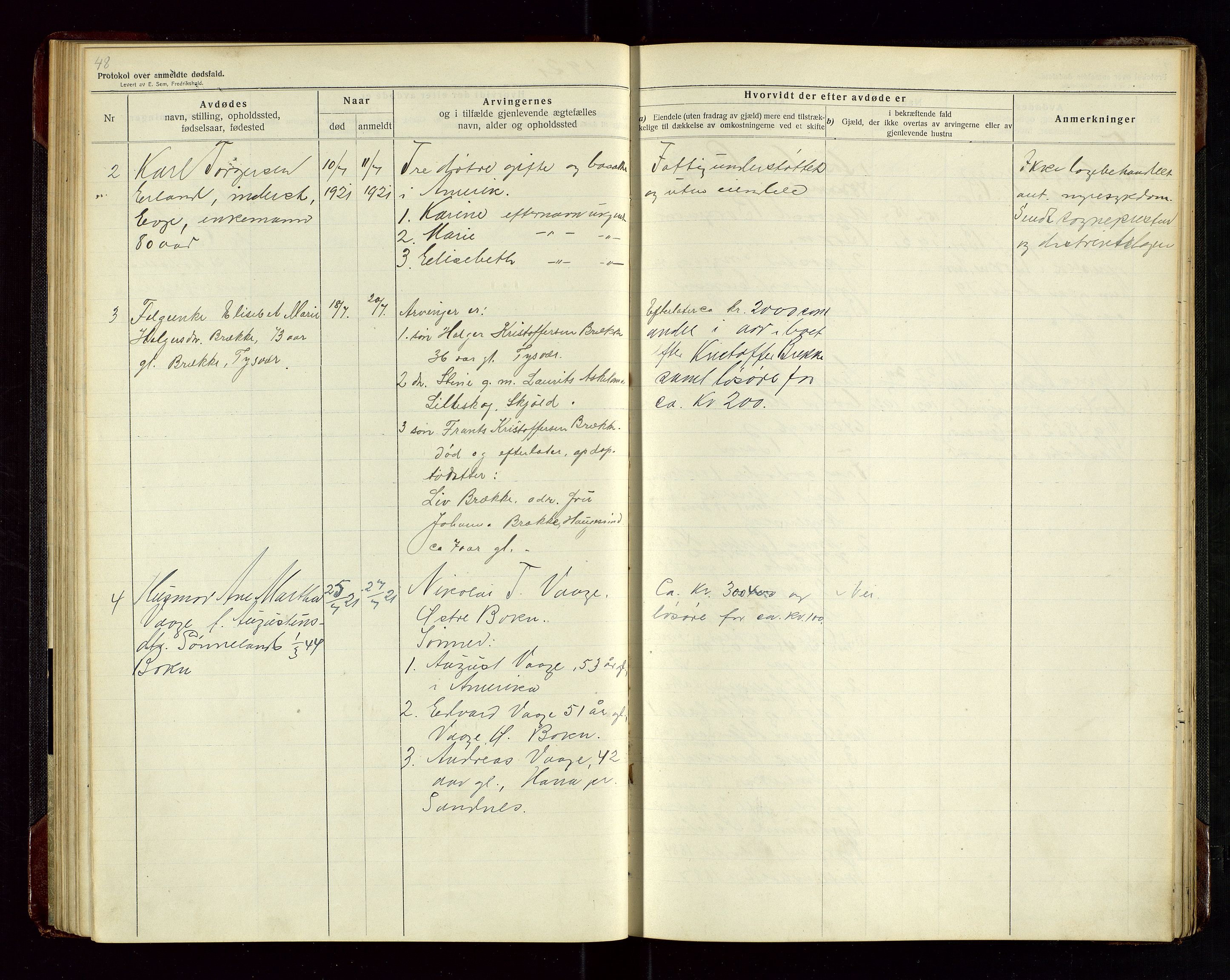 Tysvær lensmannskontor, AV/SAST-A-100192/Gga/L0003: "Protokol over anmeldte dødsfald i Tysvær" med register, 1916-1926, s. 48