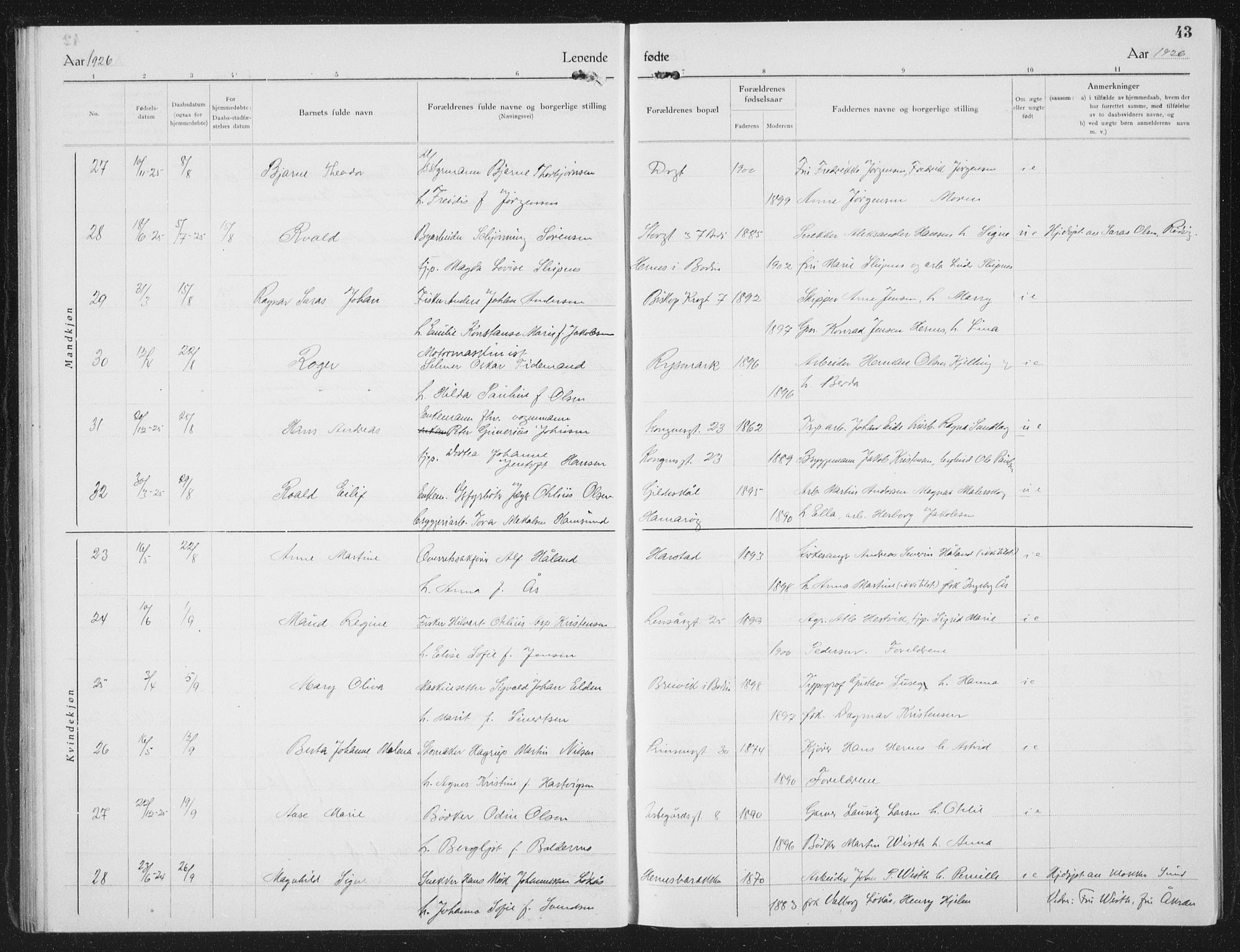 Ministerialprotokoller, klokkerbøker og fødselsregistre - Nordland, AV/SAT-A-1459/801/L0037: Klokkerbok nr. 801C12, 1921-1937, s. 43