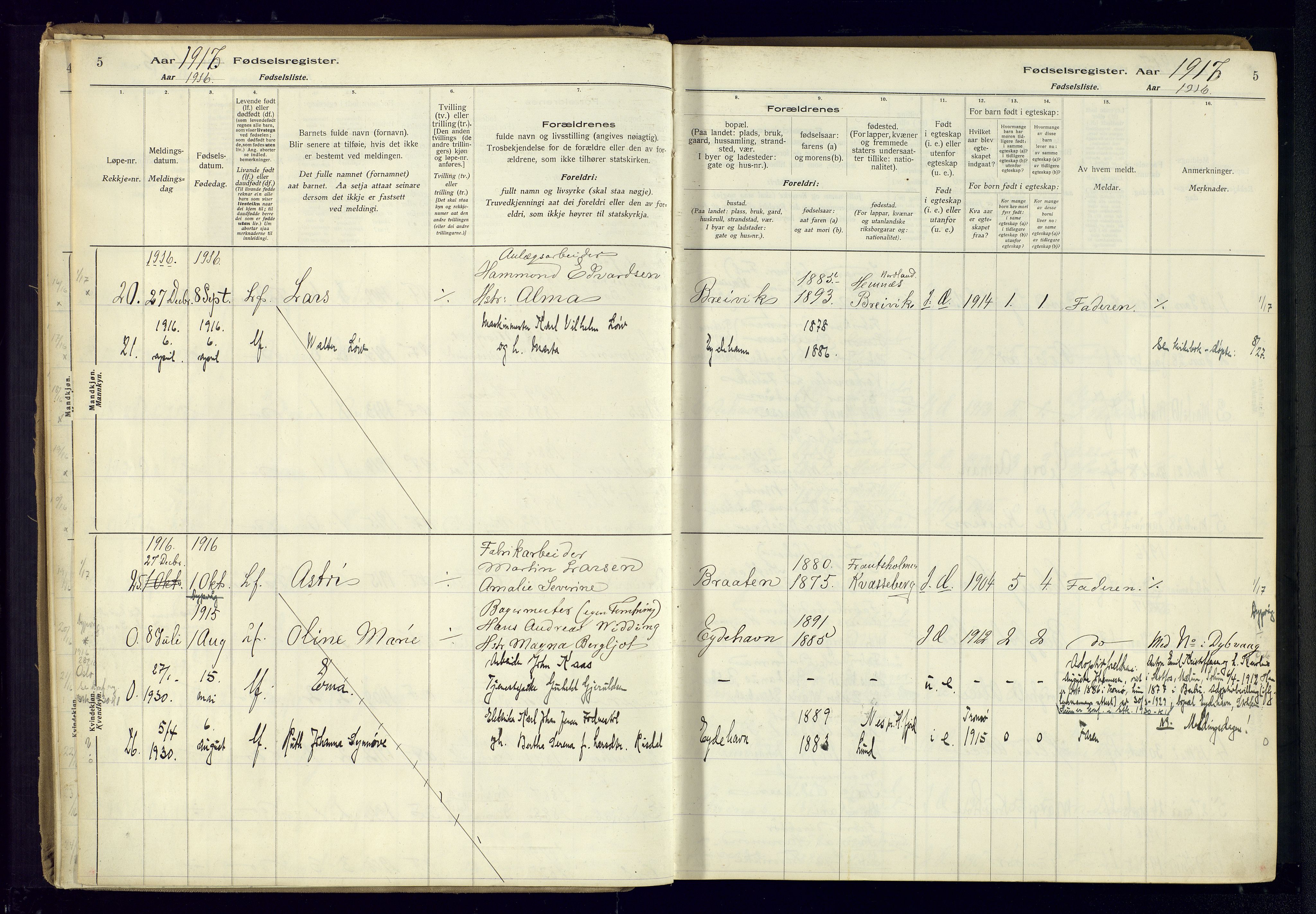 Austre Moland sokneprestkontor, AV/SAK-1111-0001/J/Ja/L0003: Fødselsregister nr. A-VI-27, 1916-1950, s. 5