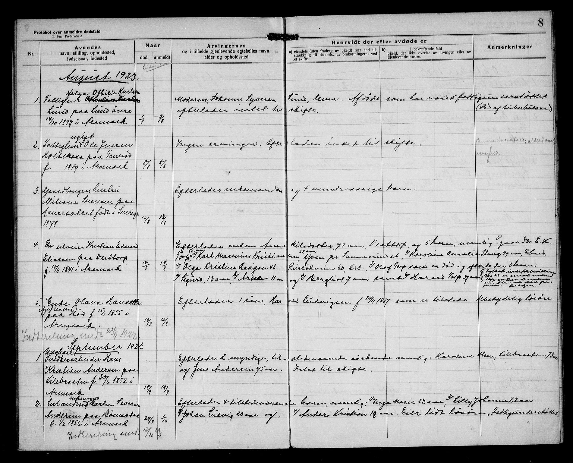 Aremark lensmannskontor, AV/SAO-A-10631/H/Ha/L0004: Dødsfallsprotokoll, 1922-1933, s. 8