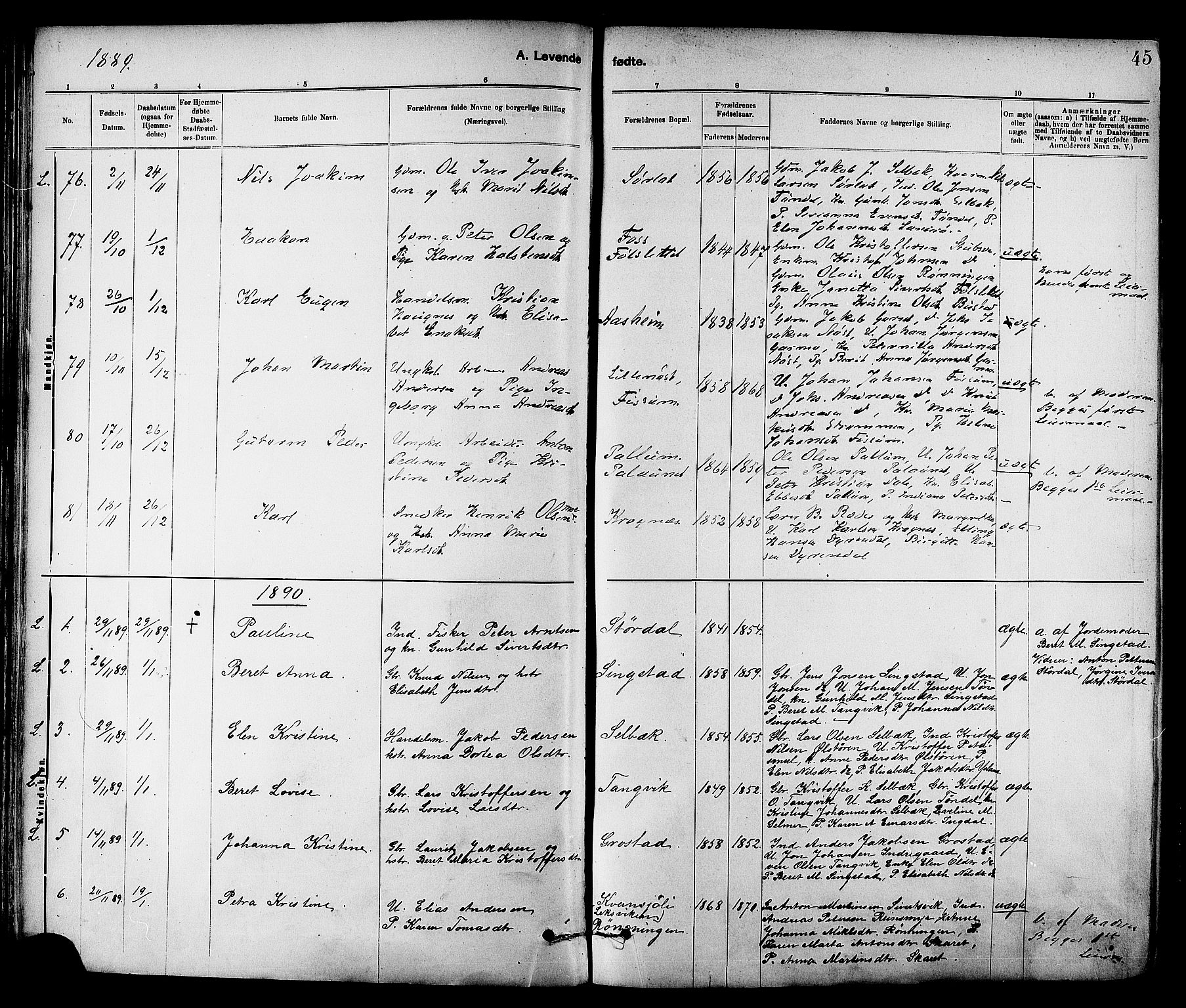 Ministerialprotokoller, klokkerbøker og fødselsregistre - Sør-Trøndelag, SAT/A-1456/647/L0634: Ministerialbok nr. 647A01, 1885-1896, s. 45