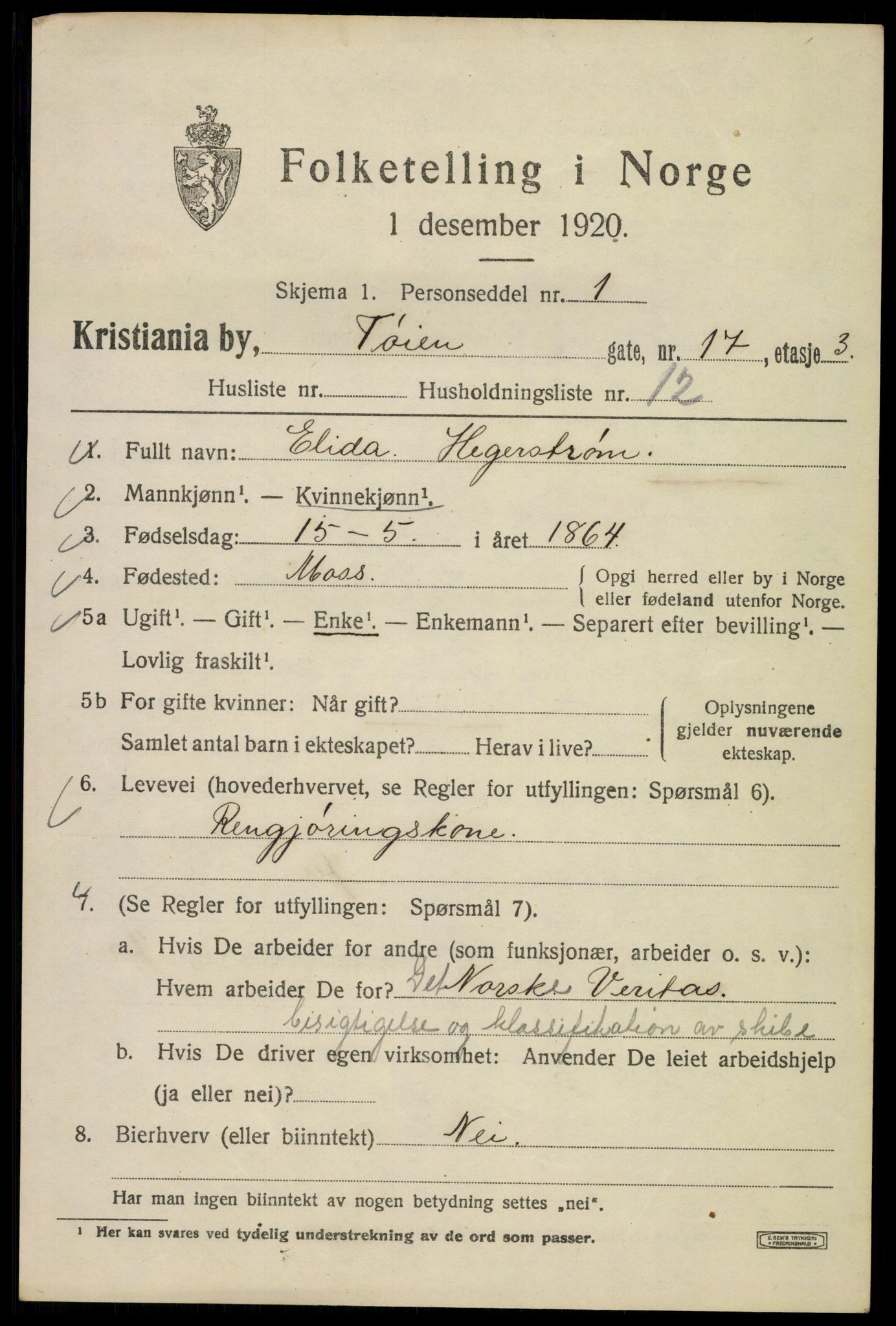 SAO, Folketelling 1920 for 0301 Kristiania kjøpstad, 1920, s. 605499