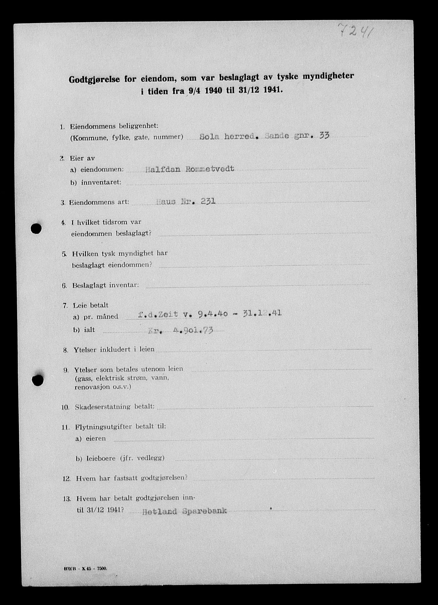 Justisdepartementet, Tilbakeføringskontoret for inndratte formuer, AV/RA-S-1564/I/L1015: Godtgjørelse for beslaglagt eiendom, 1940-1941, s. 112