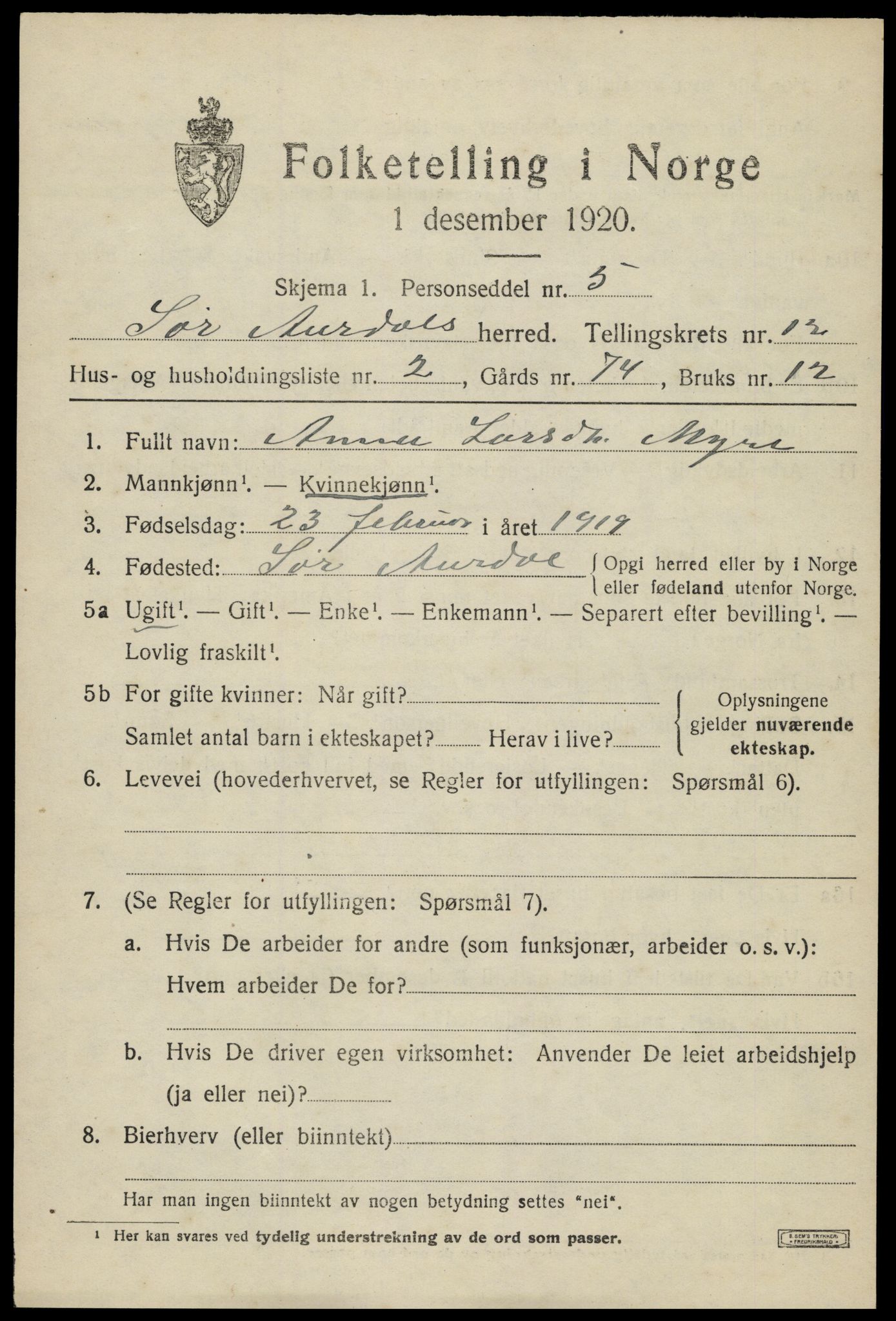 SAH, Folketelling 1920 for 0540 Sør-Aurdal herred, 1920, s. 6683