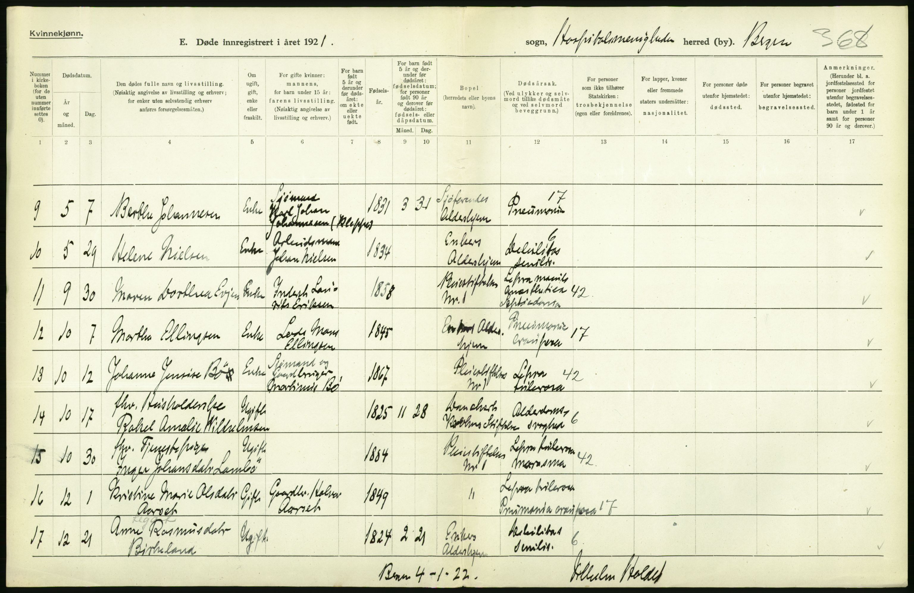 Statistisk sentralbyrå, Sosiodemografiske emner, Befolkning, AV/RA-S-2228/D/Df/Dfc/Dfca/L0036: Bergen: Døde., 1921, s. 360