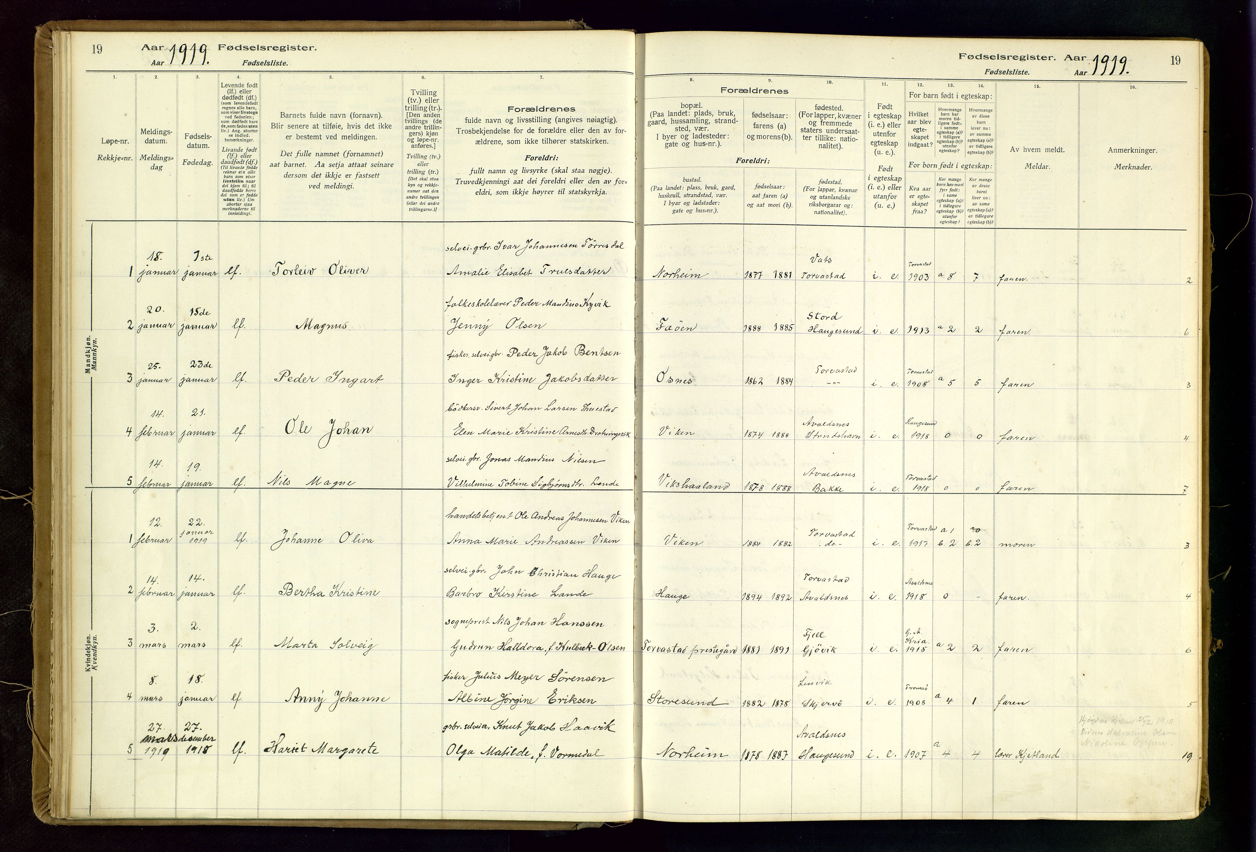 Torvastad sokneprestkontor, AV/SAST-A -101857/I/Id/L0002: Fødselsregister nr. 2, 1916-1950, s. 19