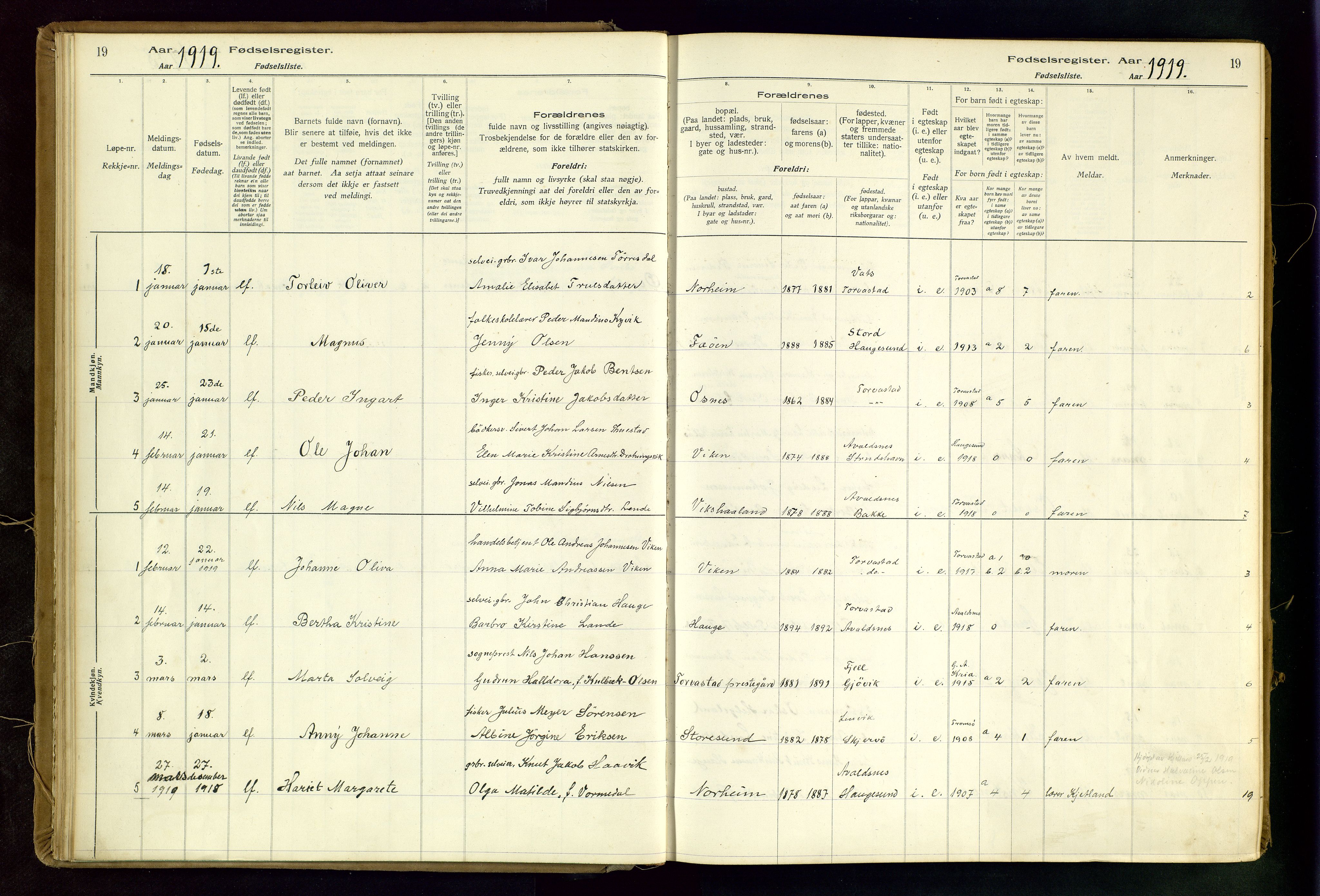 Torvastad sokneprestkontor, SAST/A -101857/I/Id/L0002: Fødselsregister nr. 2, 1916-1950, s. 19