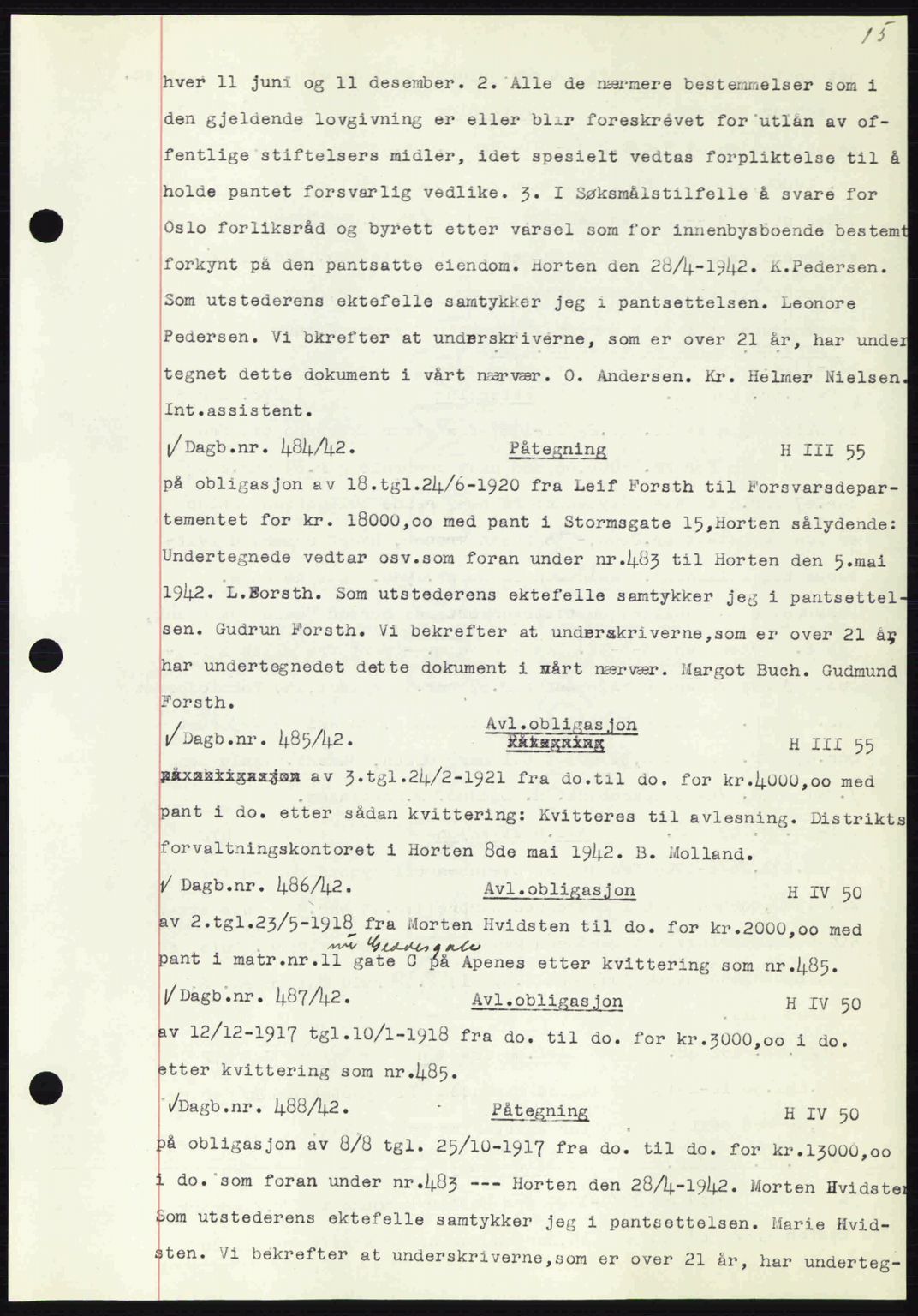 Horten sorenskriveri, SAKO/A-133/G/Ga/Gab/L0003: Pantebok nr. B-5 - B-6, 1941-1943, Dagboknr: 484/1942