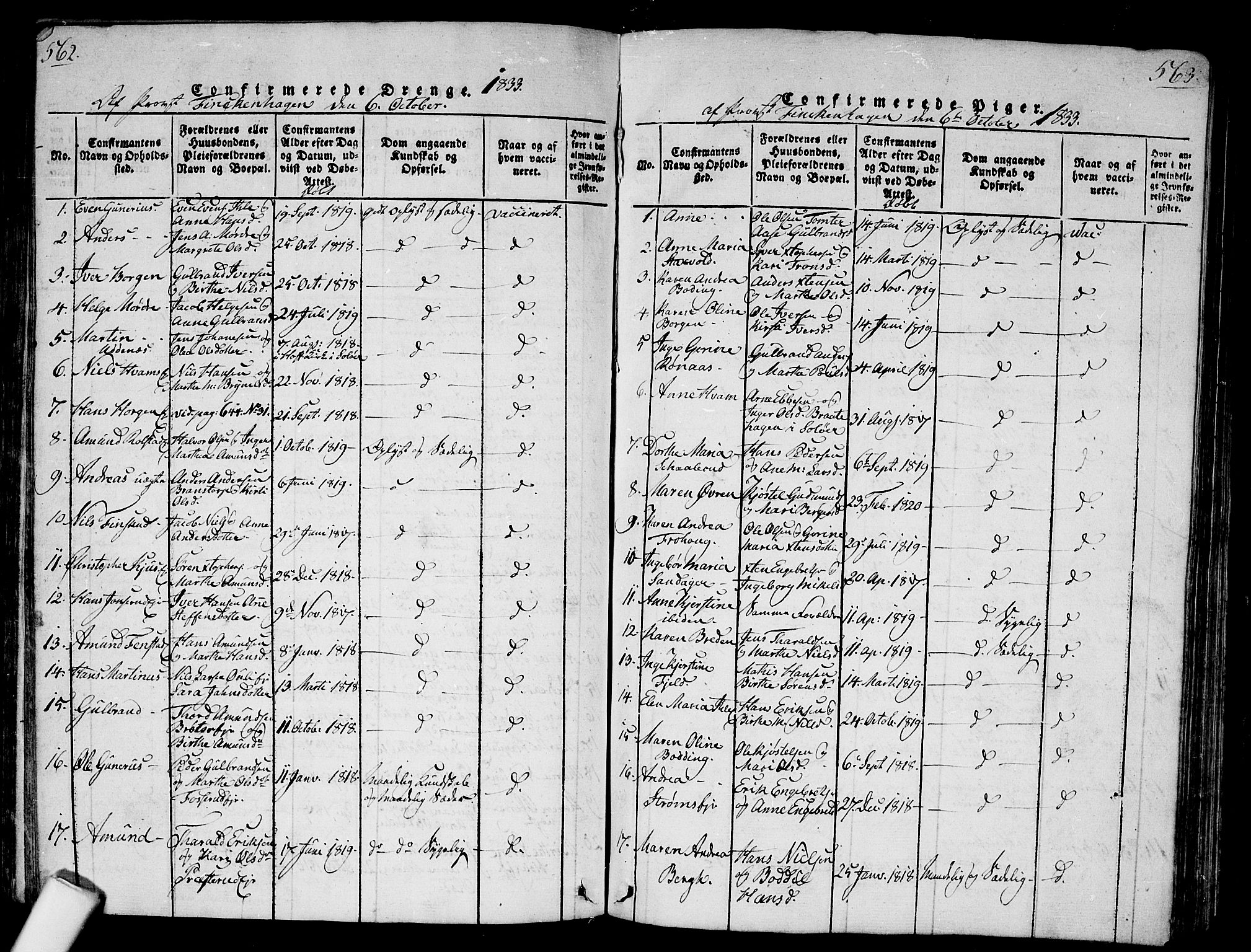 Nes prestekontor Kirkebøker, AV/SAO-A-10410/G/Ga/L0001: Klokkerbok nr. I 1, 1815-1835, s. 562-563