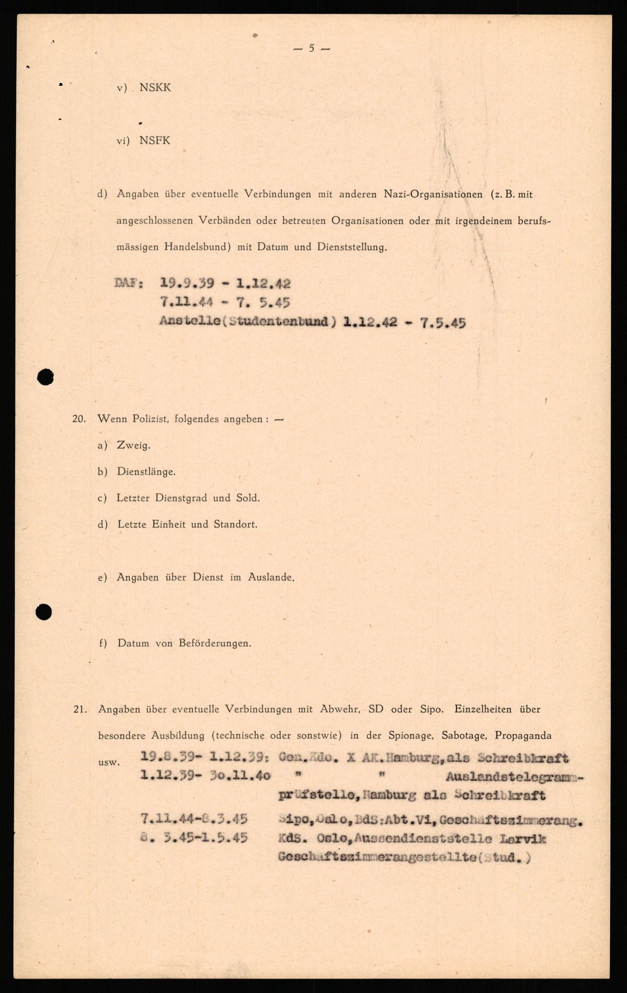 Forsvaret, Forsvarets overkommando II, RA/RAFA-3915/D/Db/L0035: CI Questionaires. Tyske okkupasjonsstyrker i Norge. Tyskere., 1945-1946, s. 494