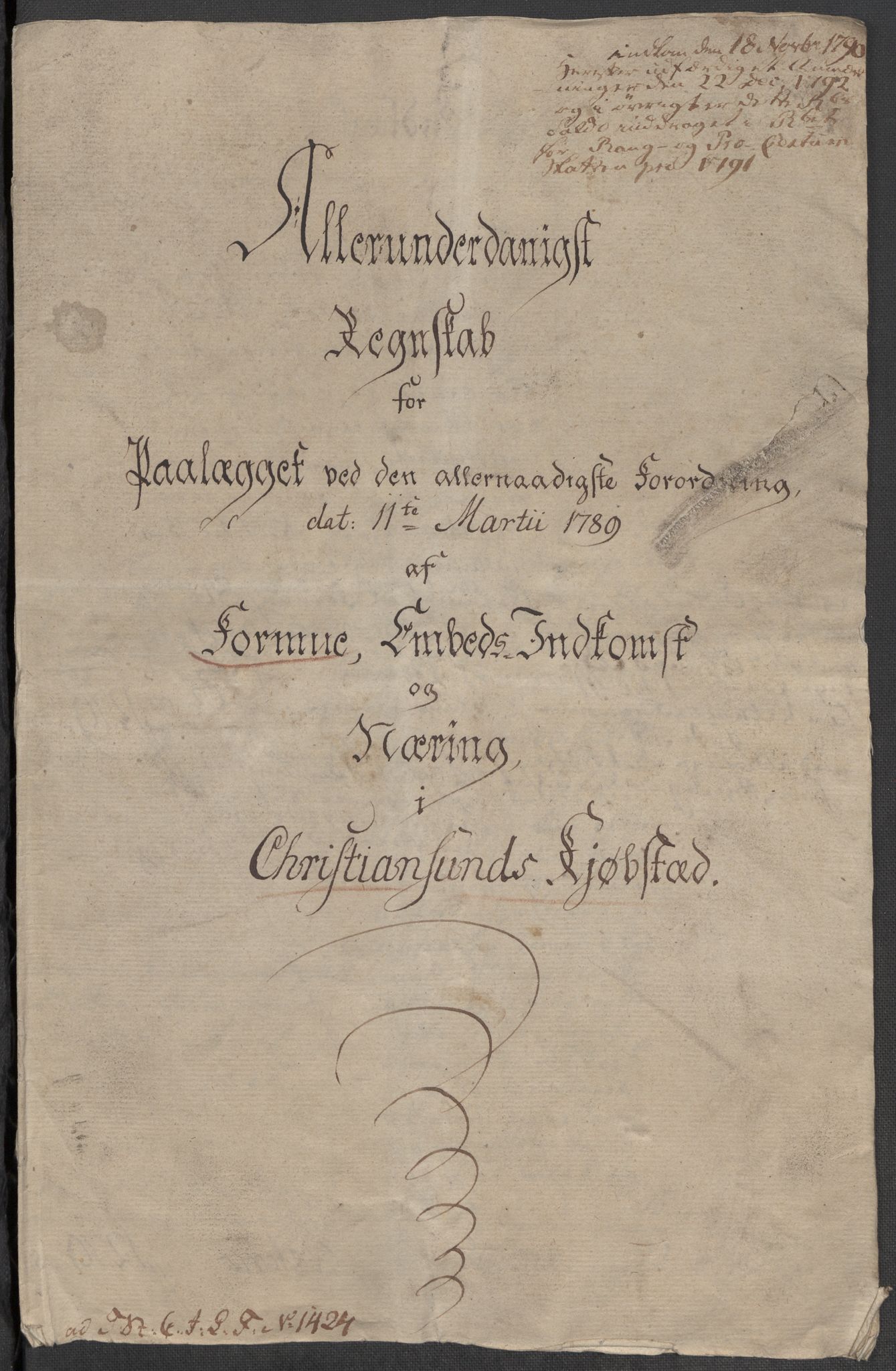 Rentekammeret inntil 1814, Reviderte regnskaper, Mindre regnskaper, AV/RA-EA-4068/Rf/Rfe/L0008: Kristiansand. Kristiansund. Fredrikshald (Halden), 1789, s. 124