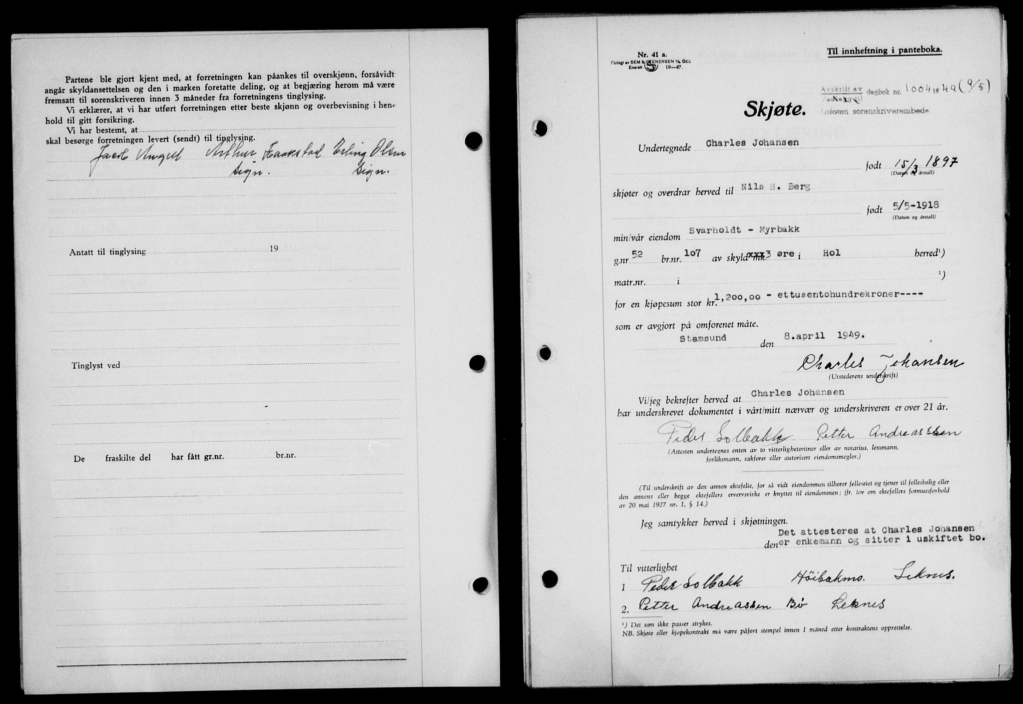 Lofoten sorenskriveri, SAT/A-0017/1/2/2C/L0020a: Pantebok nr. 20a, 1948-1949, Dagboknr: 1004/1949