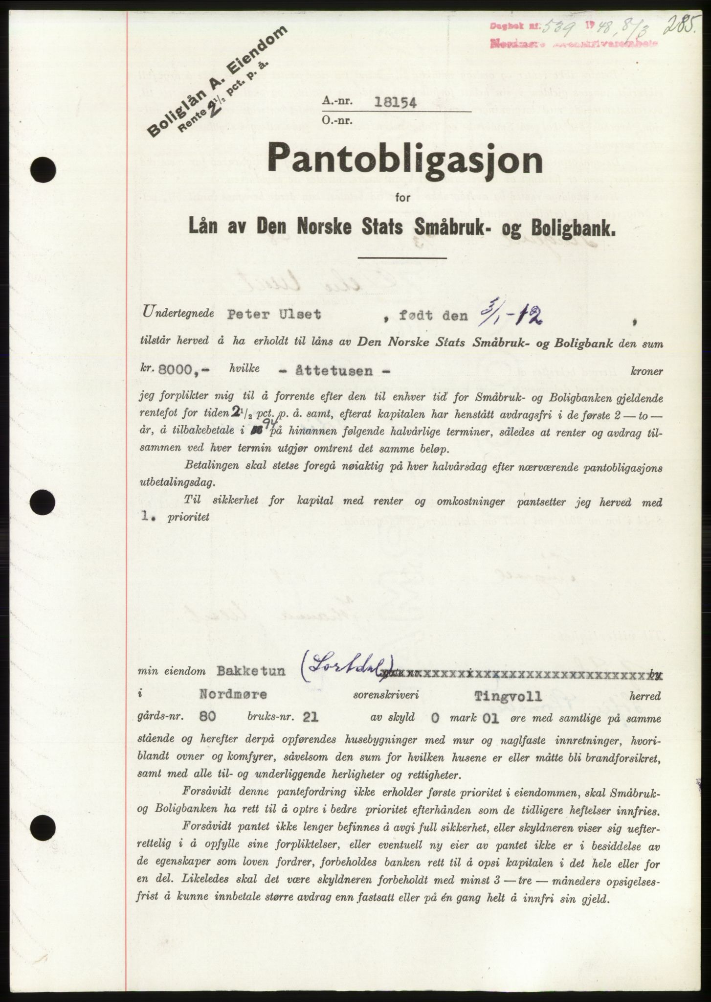 Nordmøre sorenskriveri, SAT/A-4132/1/2/2Ca: Pantebok nr. B98, 1948-1948, Dagboknr: 539/1948