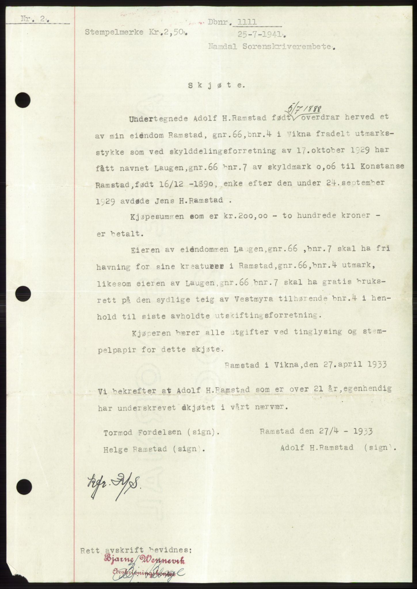 Namdal sorenskriveri, SAT/A-4133/1/2/2C: Pantebok nr. -, 1940-1941, Tingl.dato: 25.07.1941