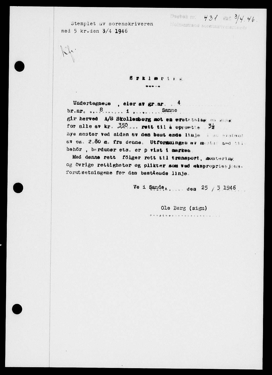 Holmestrand sorenskriveri, SAKO/A-67/G/Ga/Gaa/L0060: Pantebok nr. A-60, 1946-1946, Dagboknr: 431/1946