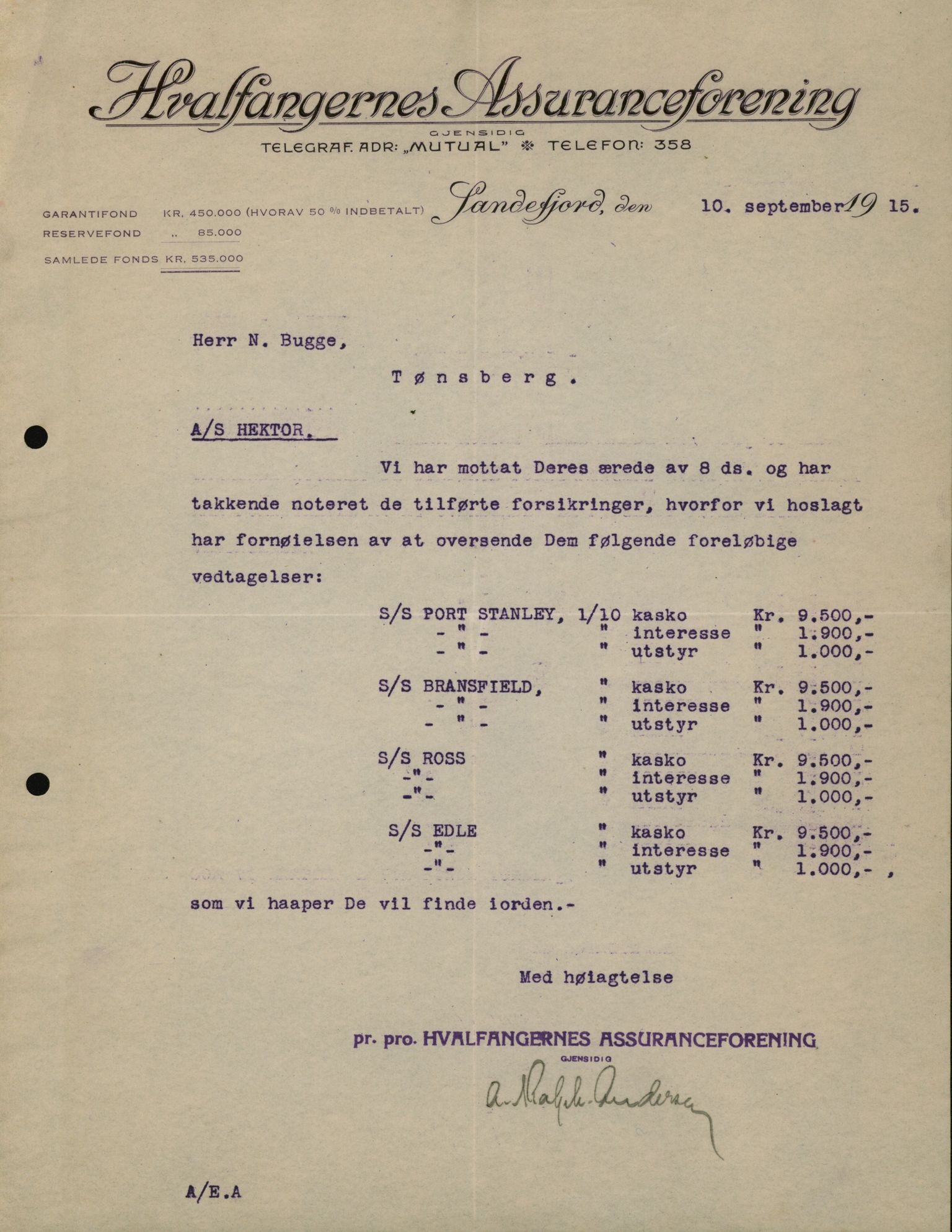 Pa 664 - Tønsberg Sjøforsikringsselskap, VEMU/A-1773/D/Da/L0001: Mai - November
Oscar Aalborg, 1915