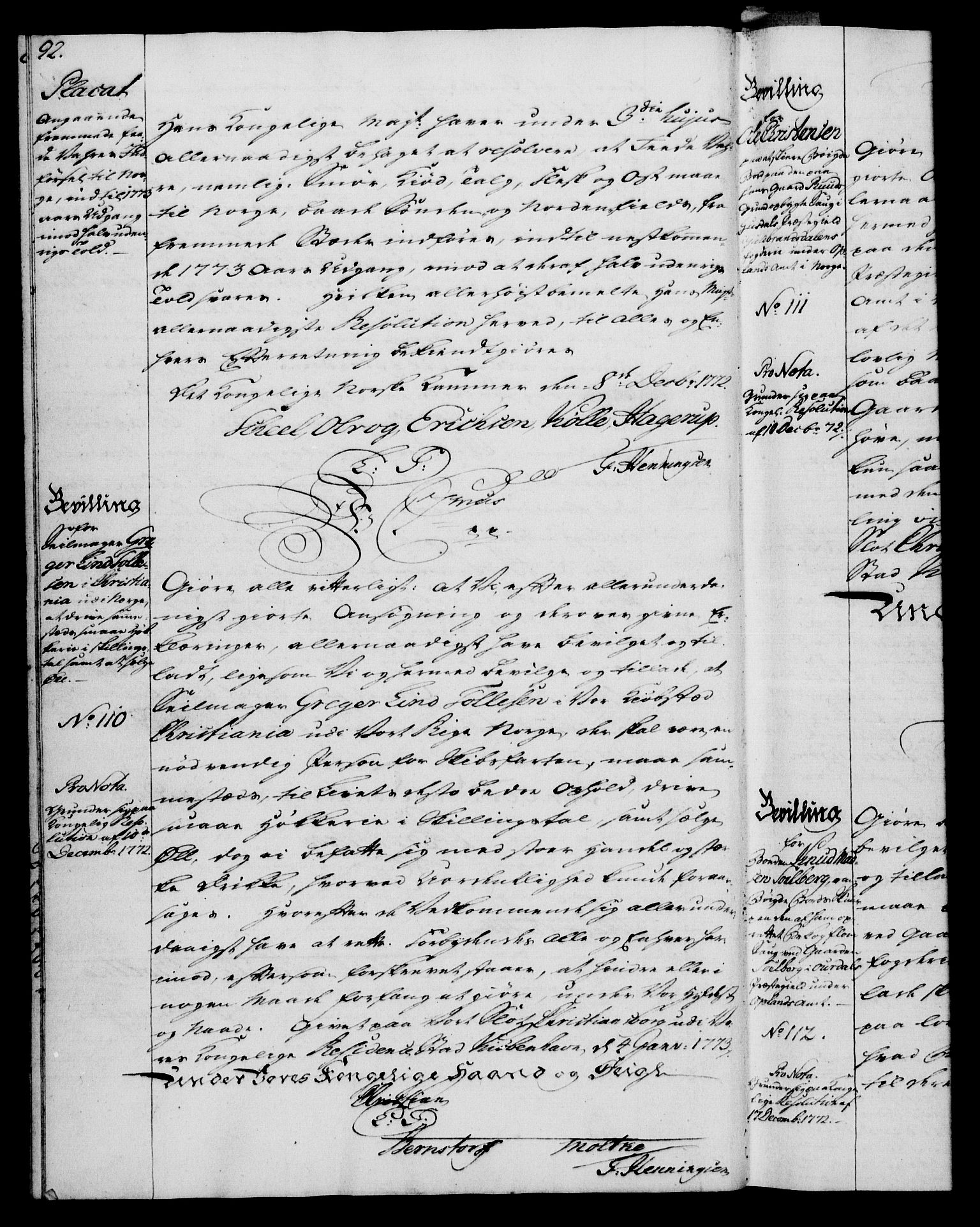 Rentekammeret, Kammerkanselliet, RA/EA-3111/G/Gg/Gga/L0009: Norsk ekspedisjonsprotokoll med register (merket RK 53.9), 1771-1773, s. 92