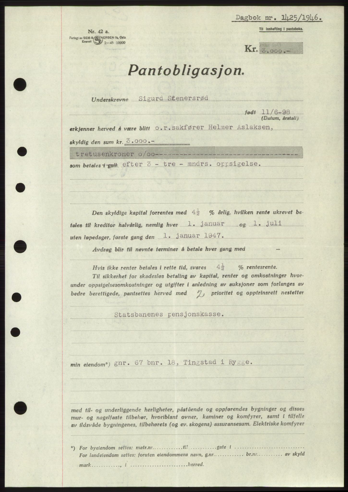 Moss sorenskriveri, SAO/A-10168: Pantebok nr. B15, 1946-1946, Dagboknr: 1425/1946