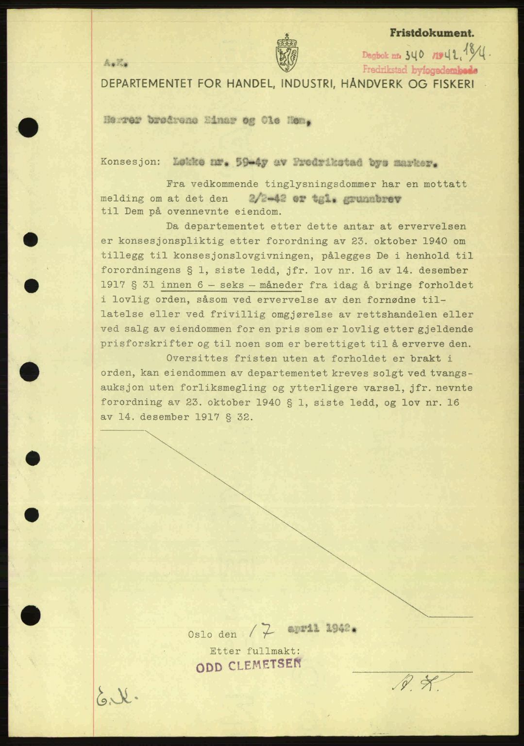 Fredrikstad byfogd, AV/SAO-A-10473a/G/Ga/Gac/L0002: Pantebok nr. A32a, 1940-1945, Dagboknr: 340/1942
