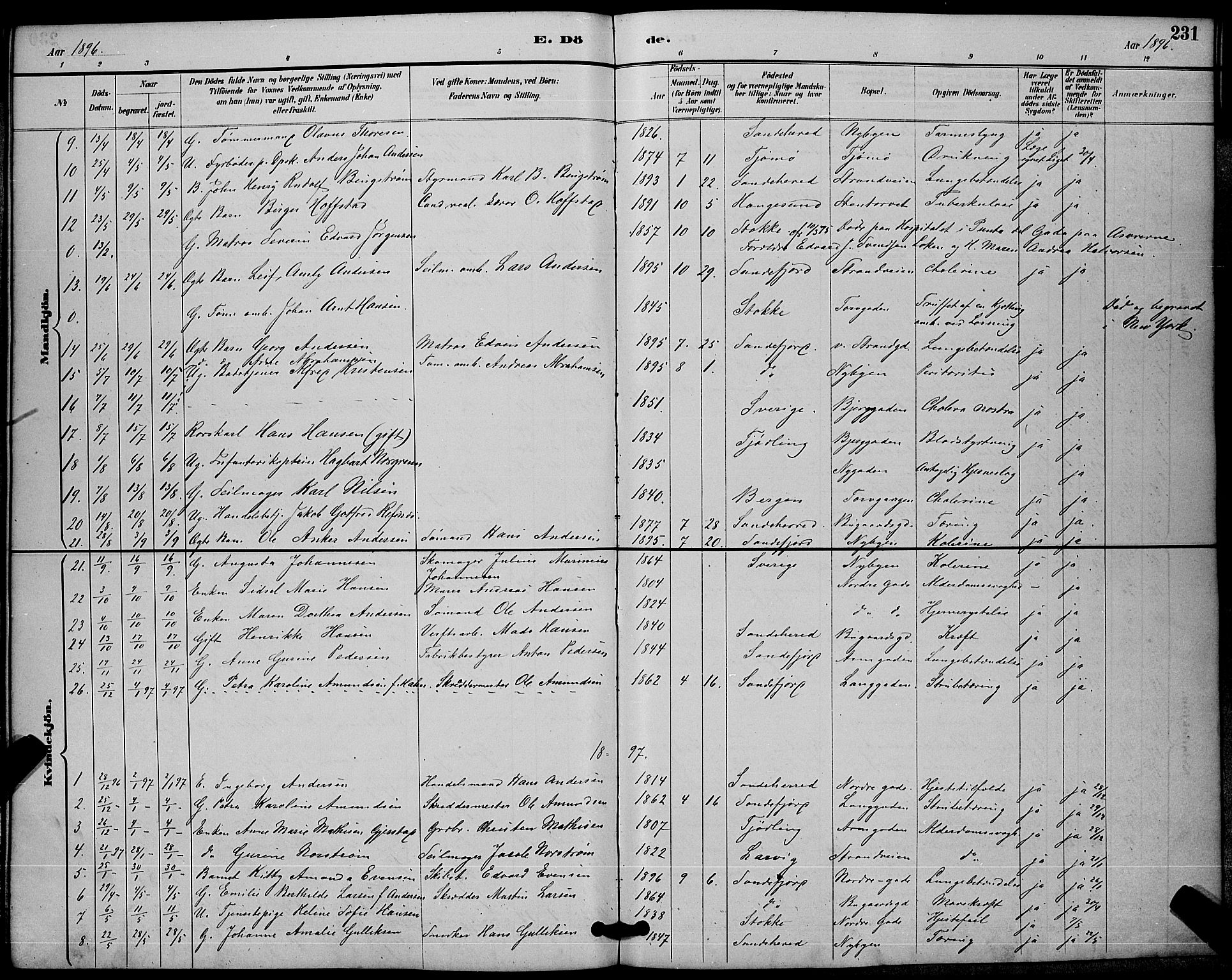 Sandefjord kirkebøker, AV/SAKO-A-315/G/Ga/L0001: Klokkerbok nr. 1, 1885-1903, s. 231