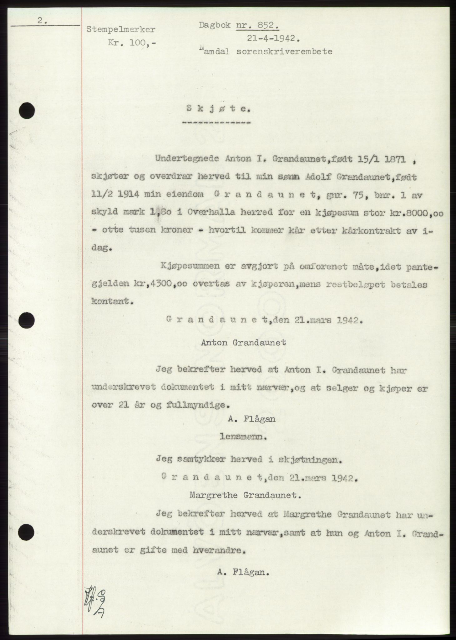 Namdal sorenskriveri, SAT/A-4133/1/2/2C: Pantebok nr. -, 1941-1942, Dagboknr: 852/1942