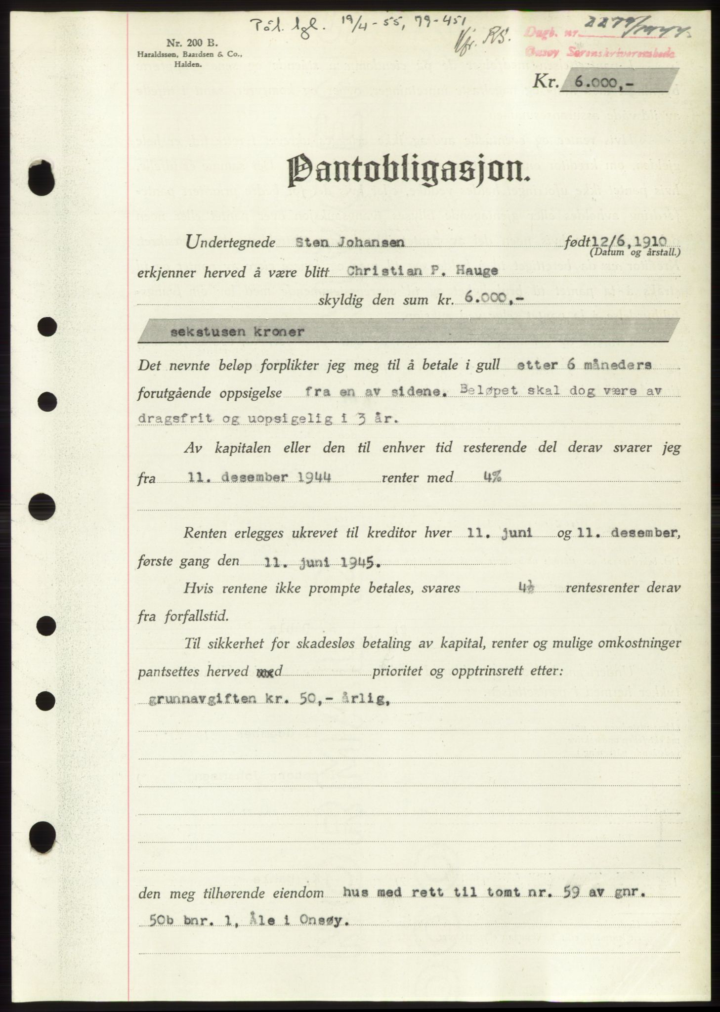 Onsøy sorenskriveri, SAO/A-10474/G/Ga/Gac/L0004: Pantebok nr. B4, 1944-1946, Dagboknr: 2279/1944