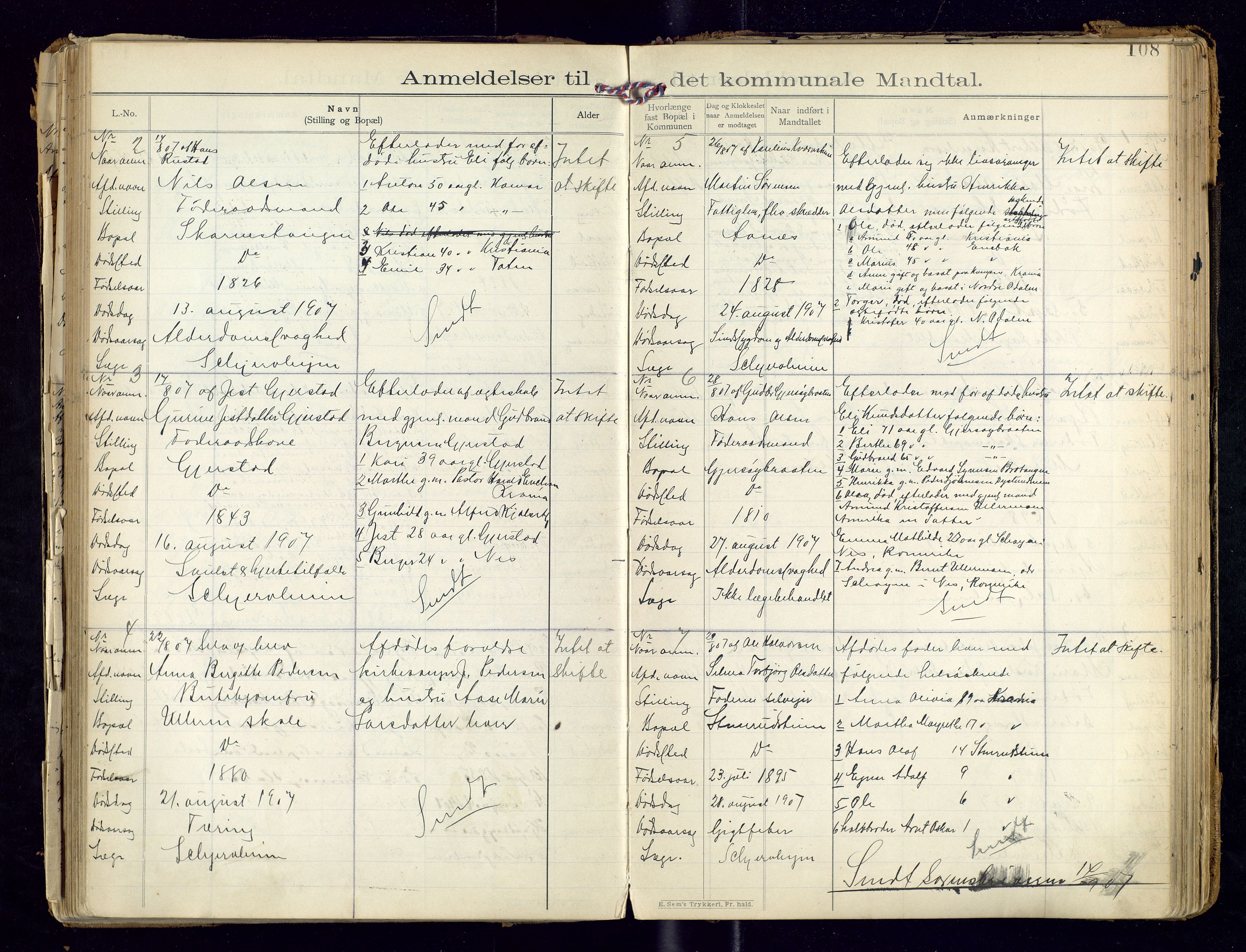 Sør-Odal lensmannskontor, AV/SAH-LHS-022/H/Hb/L0001/0002: Protokoller over anmeldte dødsfall / Protokoll over anmeldte dødsfall, 1901-1913, s. 108