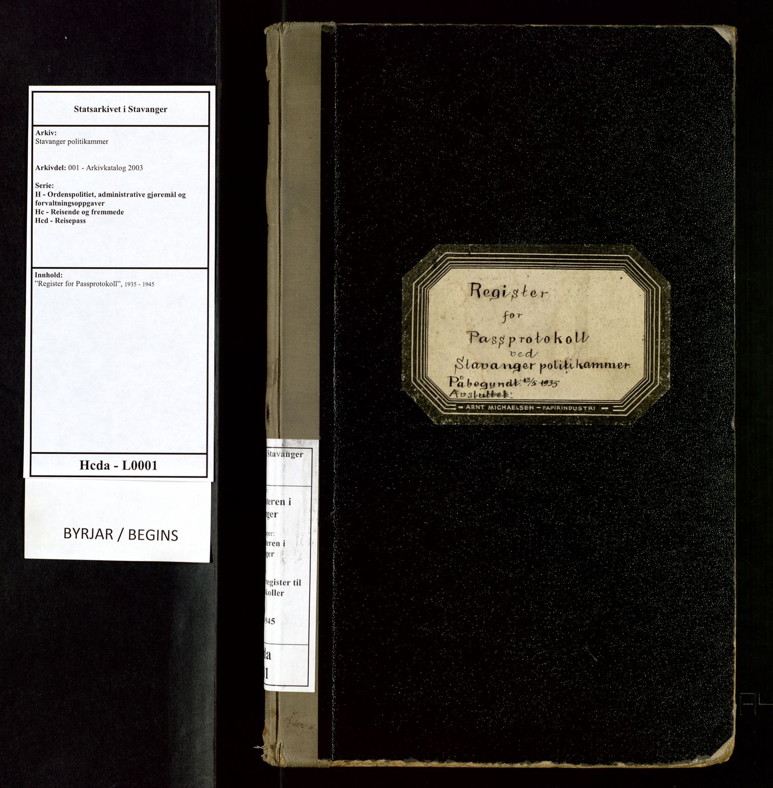 Stavanger politikammer, SAST/A-100361/001/H/Hc/Hcd/Hcda/L0001: "Register for Passprotokoll", 1935-1945, s. 1
