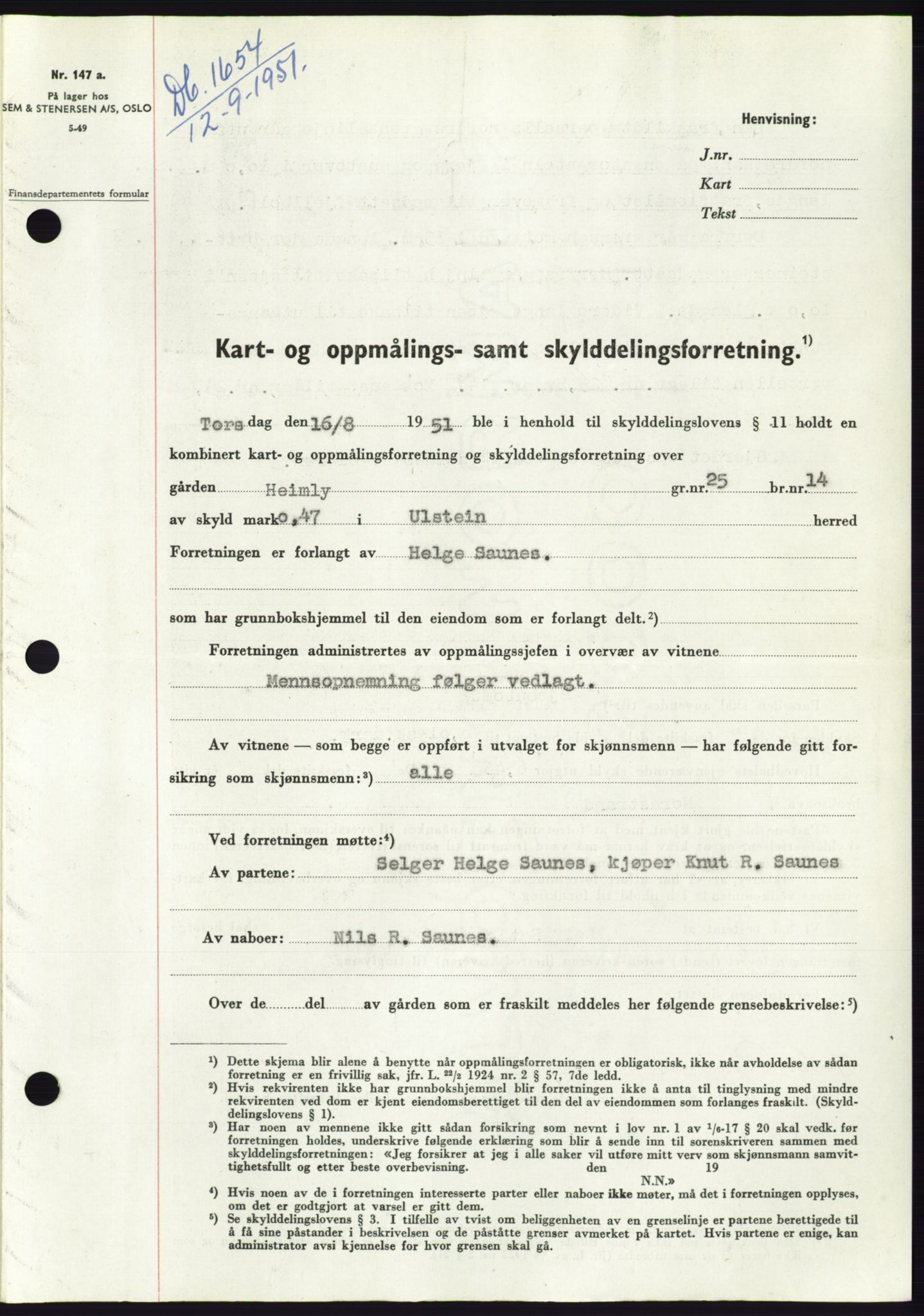 Søre Sunnmøre sorenskriveri, SAT/A-4122/1/2/2C/L0089: Pantebok nr. 15A, 1951-1951, Dagboknr: 1654/1951