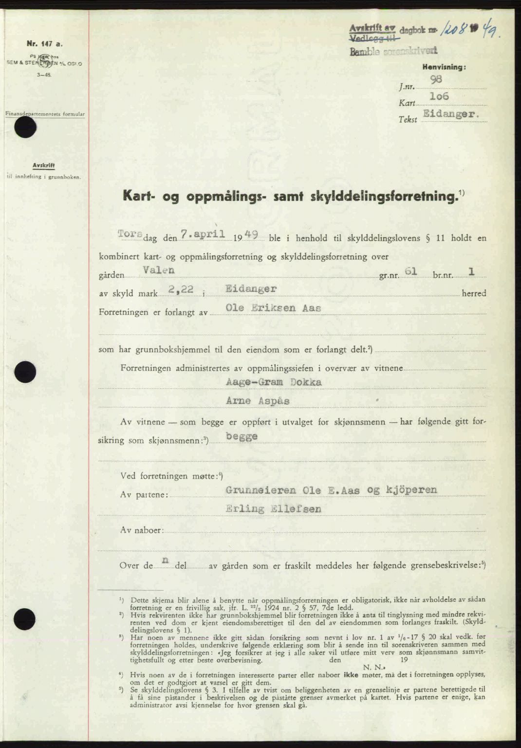 Bamble sorenskriveri, SAKO/A-214/G/Ga/Gag/L0015: Pantebok nr. A-15, 1949-1949, Dagboknr: 1208/1949