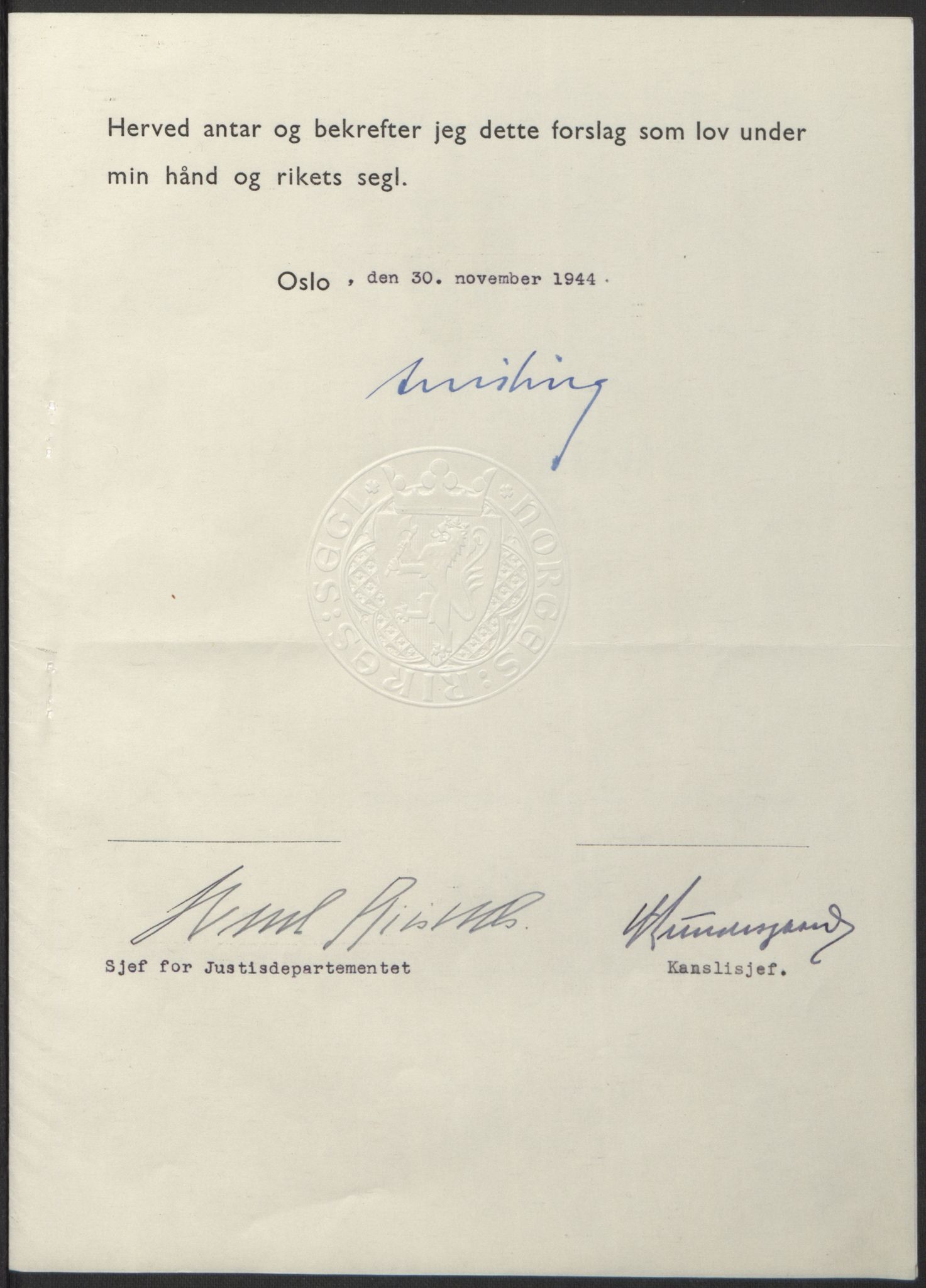 NS-administrasjonen 1940-1945 (Statsrådsekretariatet, de kommisariske statsråder mm), RA/S-4279/D/Db/L0100: Lover, 1944, s. 585