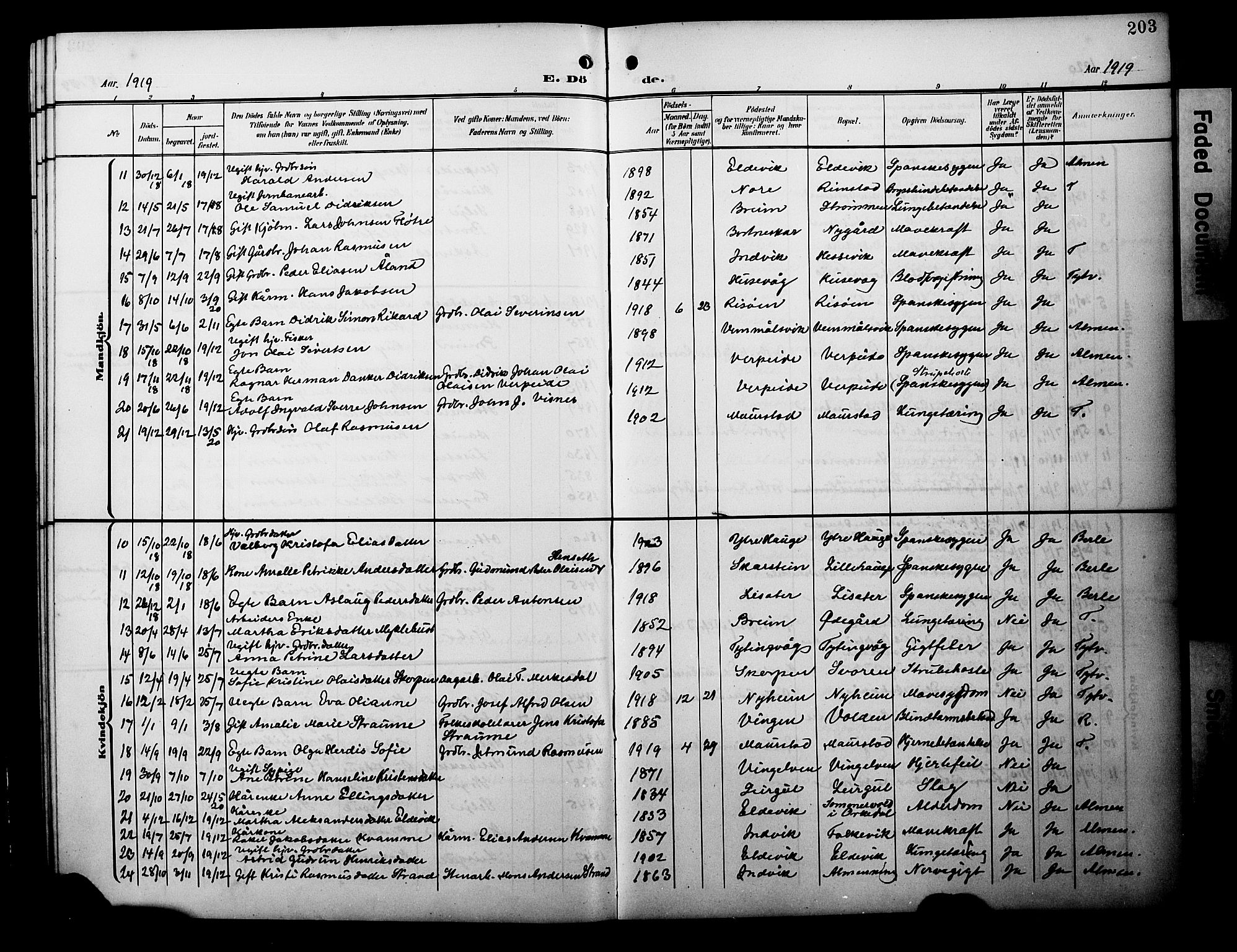 Davik sokneprestembete, AV/SAB-A-79701/H/Hab/Habc/L0003: Klokkerbok nr. C 3, 1907-1929, s. 203