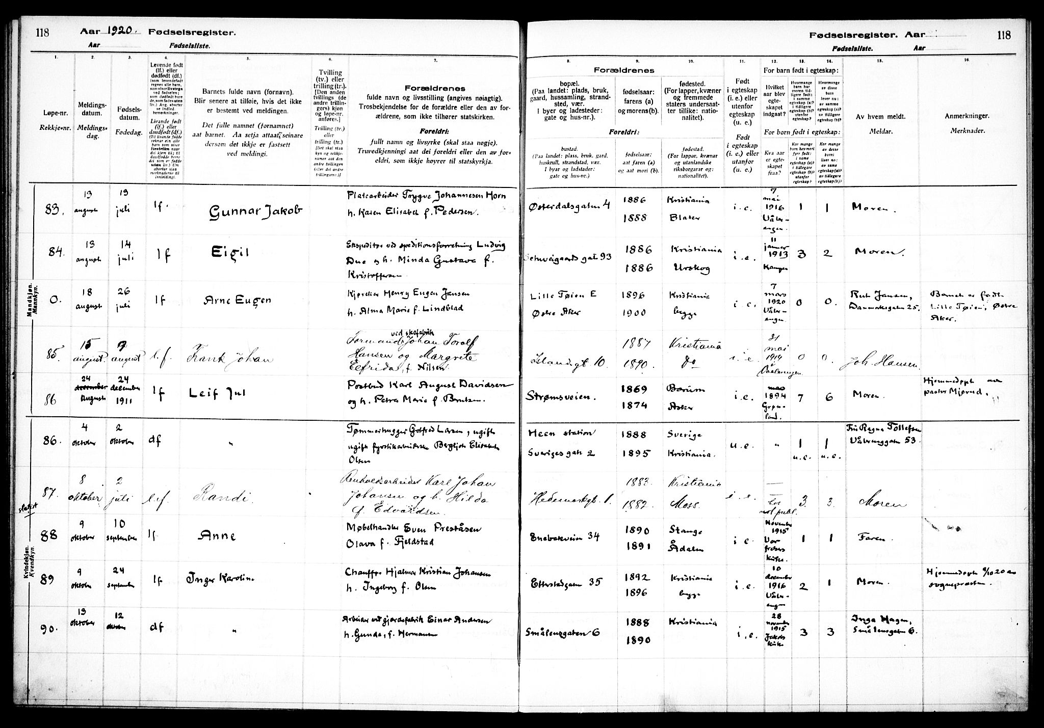 Vålerengen prestekontor Kirkebøker, AV/SAO-A-10878/J/Ja/L0001: Fødselsregister nr. 1, 1916-1924, s. 118
