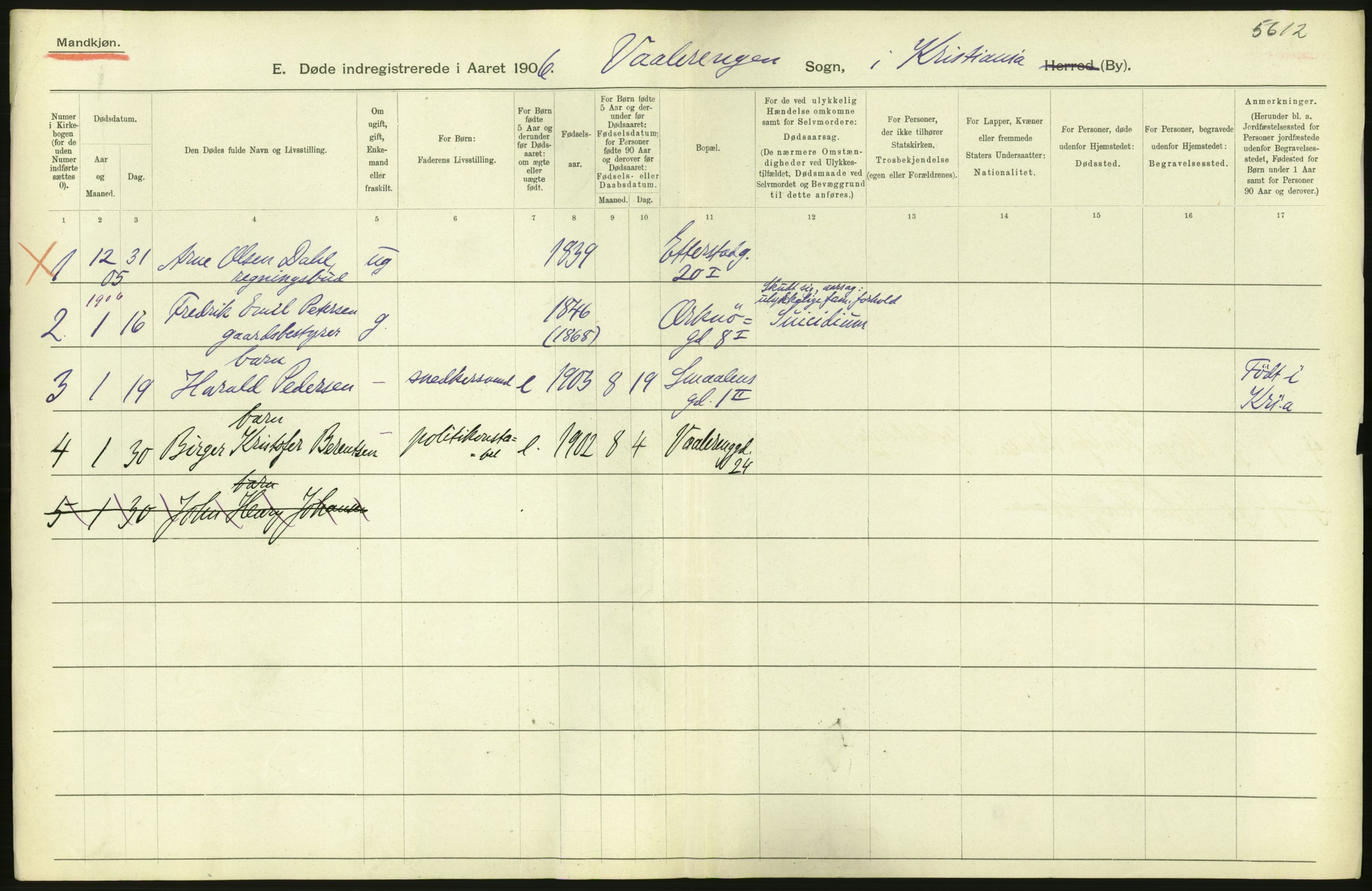 Statistisk sentralbyrå, Sosiodemografiske emner, Befolkning, RA/S-2228/D/Df/Dfa/Dfad/L0009: Kristiania: Døde, 1906, s. 230