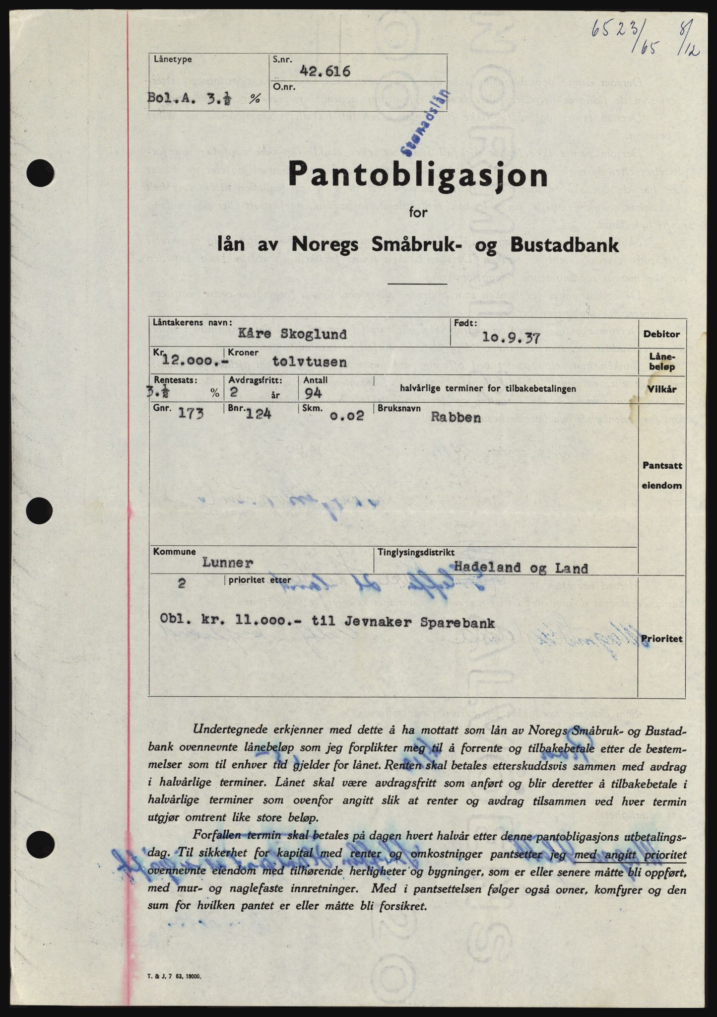 Hadeland og Land tingrett, SAH/TING-010/H/Hb/Hbc/L0061: Pantebok nr. B61, 1965-1966, Dagboknr: 6523/1965