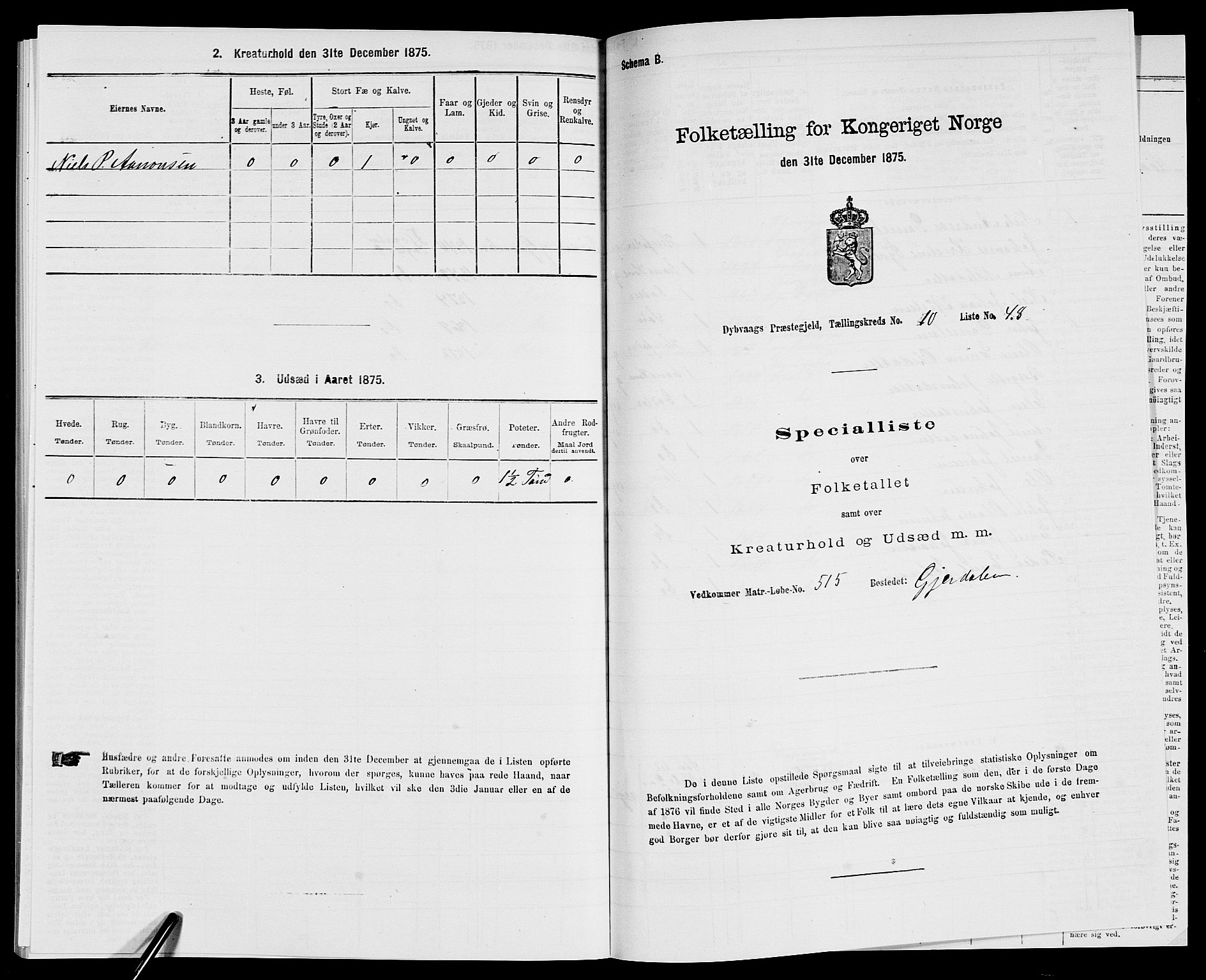 SAK, Folketelling 1875 for 0915P Dypvåg prestegjeld, 1875, s. 1403