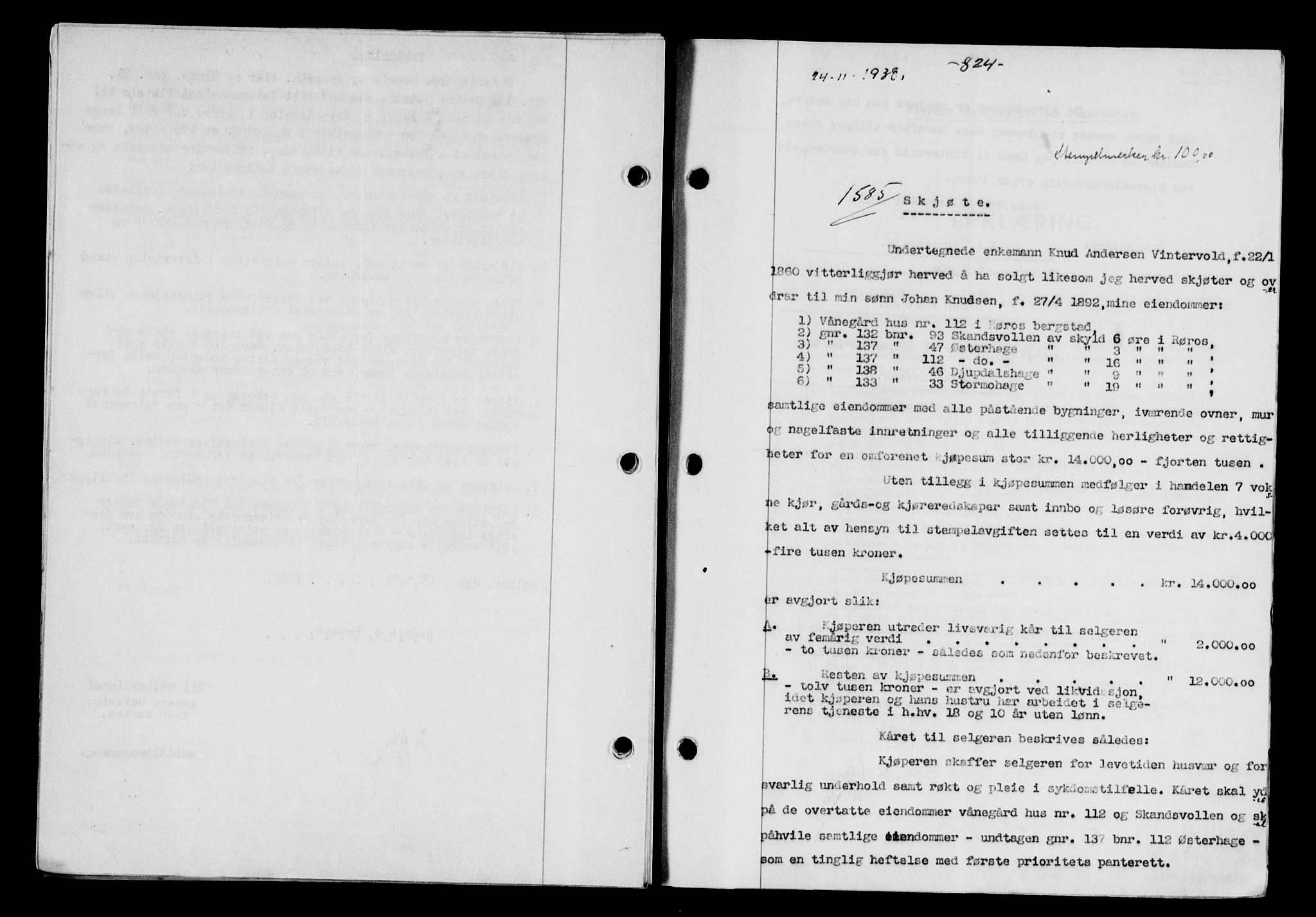 Gauldal sorenskriveri, SAT/A-0014/1/2/2C/L0049: Pantebok nr. 53, 1938-1938, Dagboknr: 1585/1938