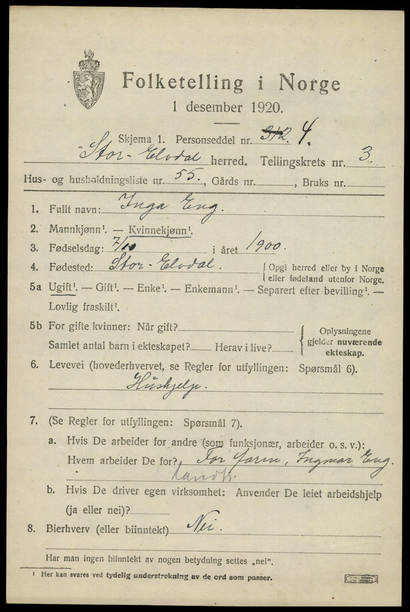 SAH, Folketelling 1920 for 0430 Stor-Elvdal herred, 1920, s. 3406