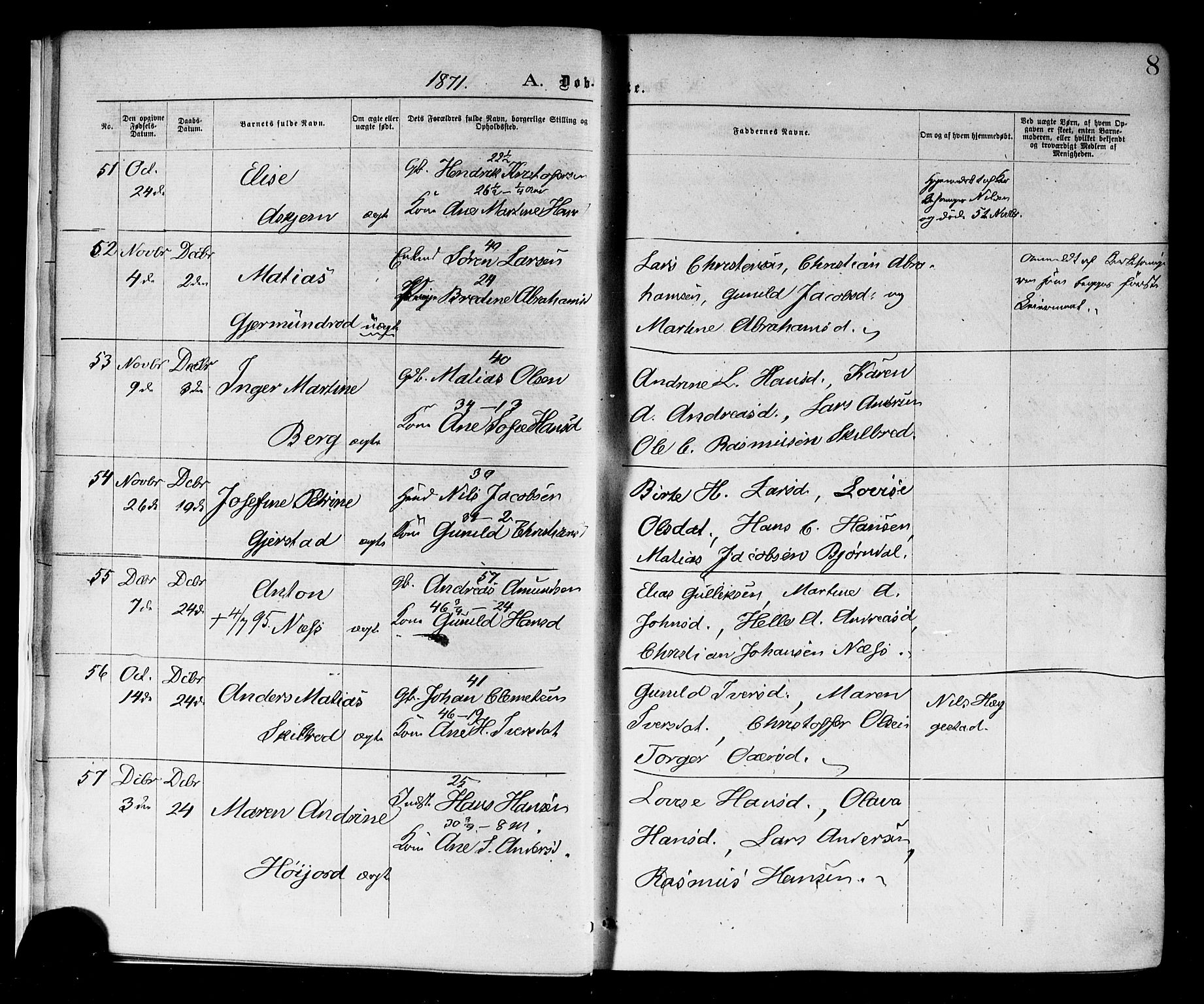 Andebu kirkebøker, AV/SAKO-A-336/F/Fa/L0006: Ministerialbok nr. I 6, 1871-1878, s. 8
