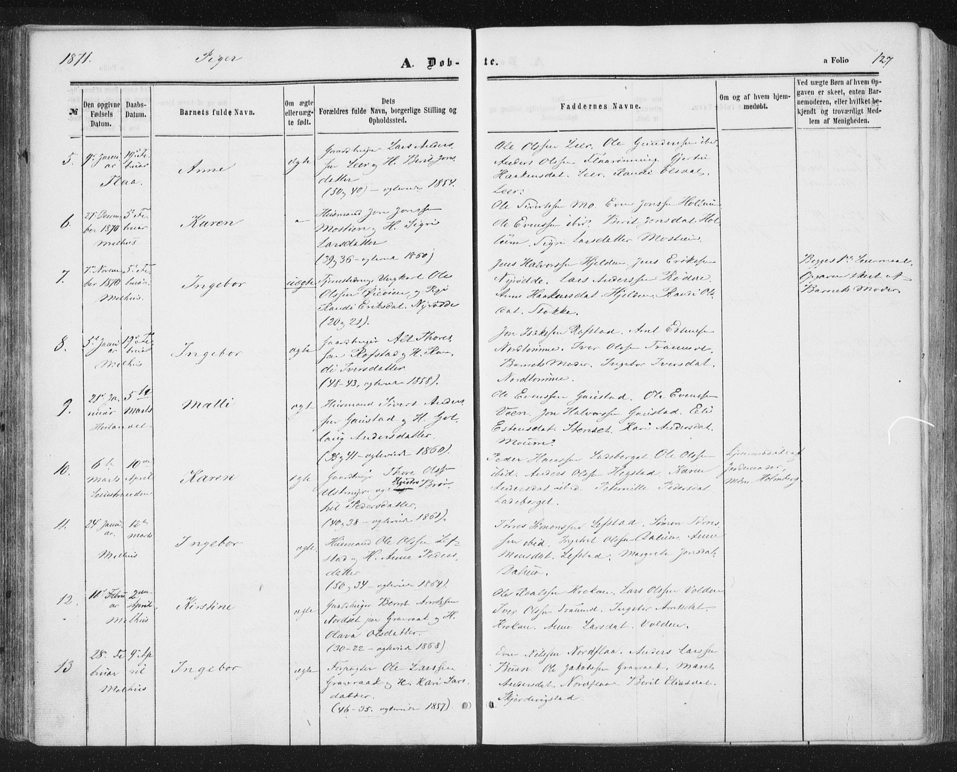 Ministerialprotokoller, klokkerbøker og fødselsregistre - Sør-Trøndelag, SAT/A-1456/691/L1077: Ministerialbok nr. 691A09, 1862-1873, s. 127