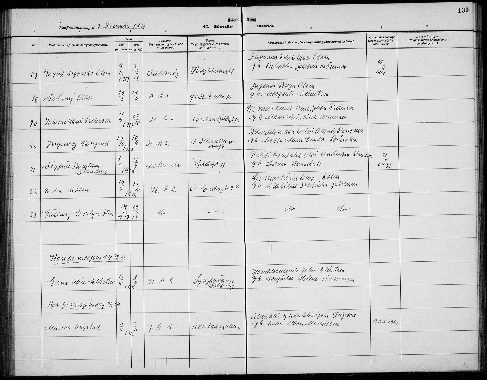 Korskirken sokneprestembete, SAB/A-76101/H/Hab: Klokkerbok nr. C 6, 1918-1941, s. 139