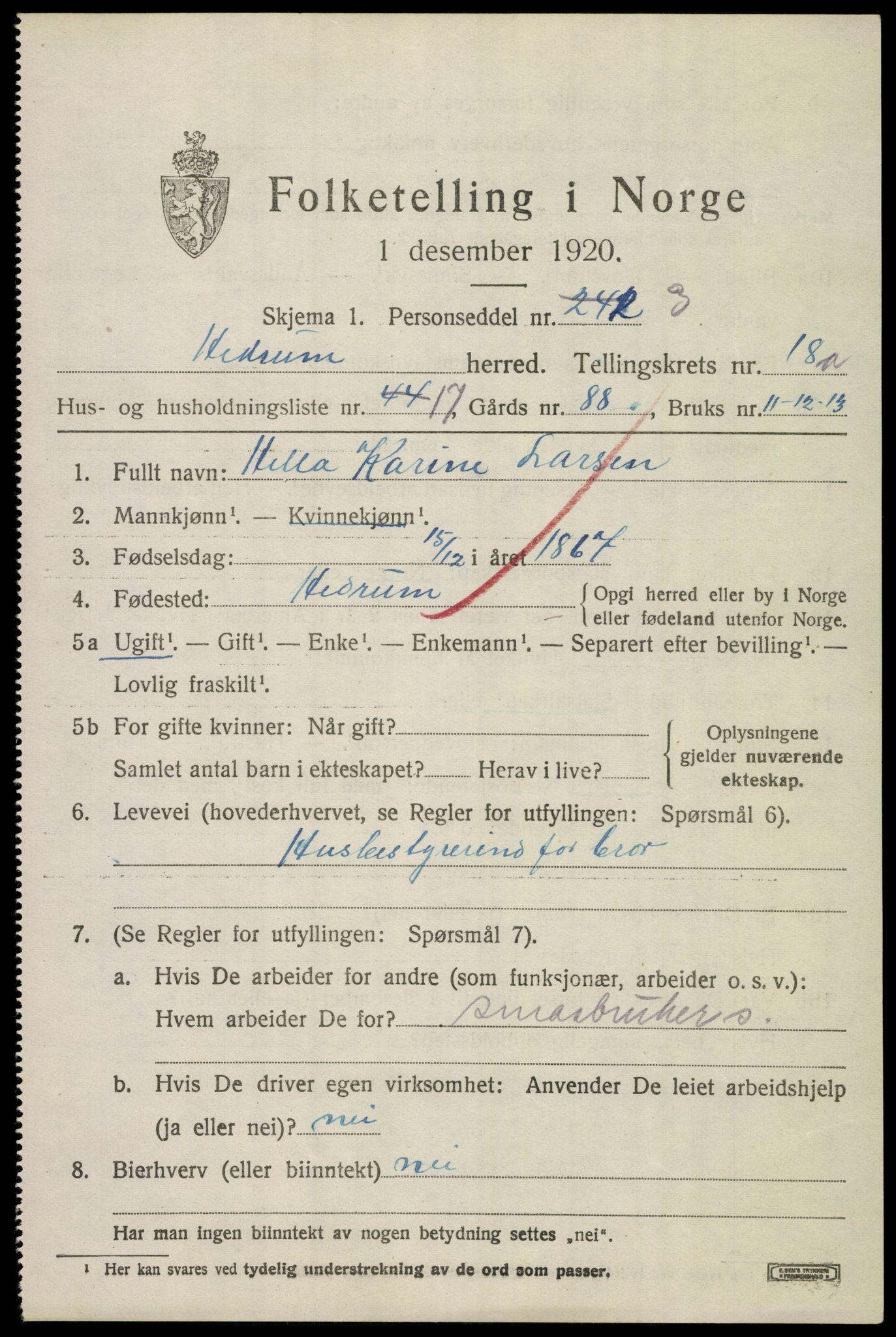SAKO, Folketelling 1920 for 0727 Hedrum herred, 1920, s. 10989