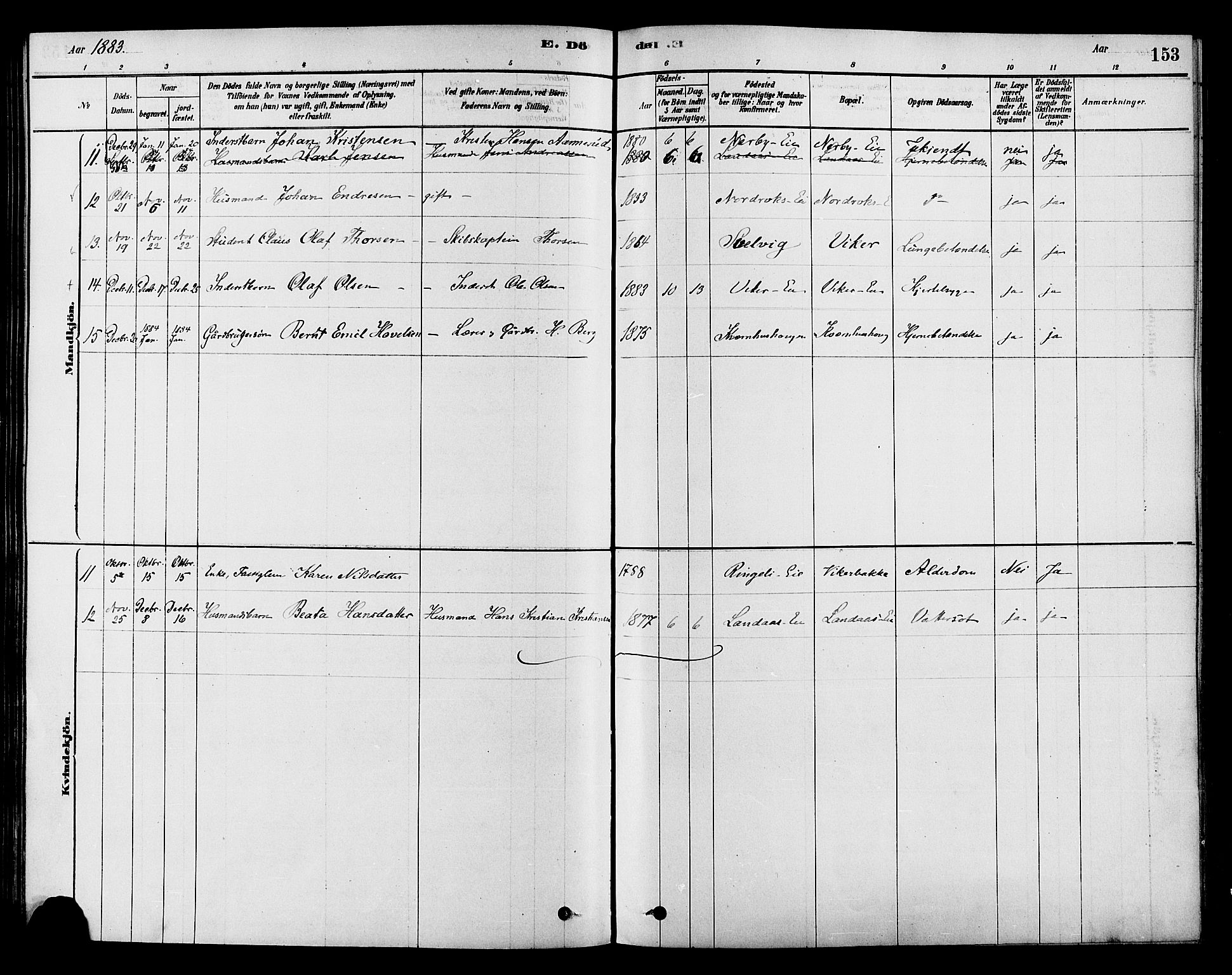 Søndre Land prestekontor, AV/SAH-PREST-122/K/L0002: Ministerialbok nr. 2, 1878-1894, s. 153