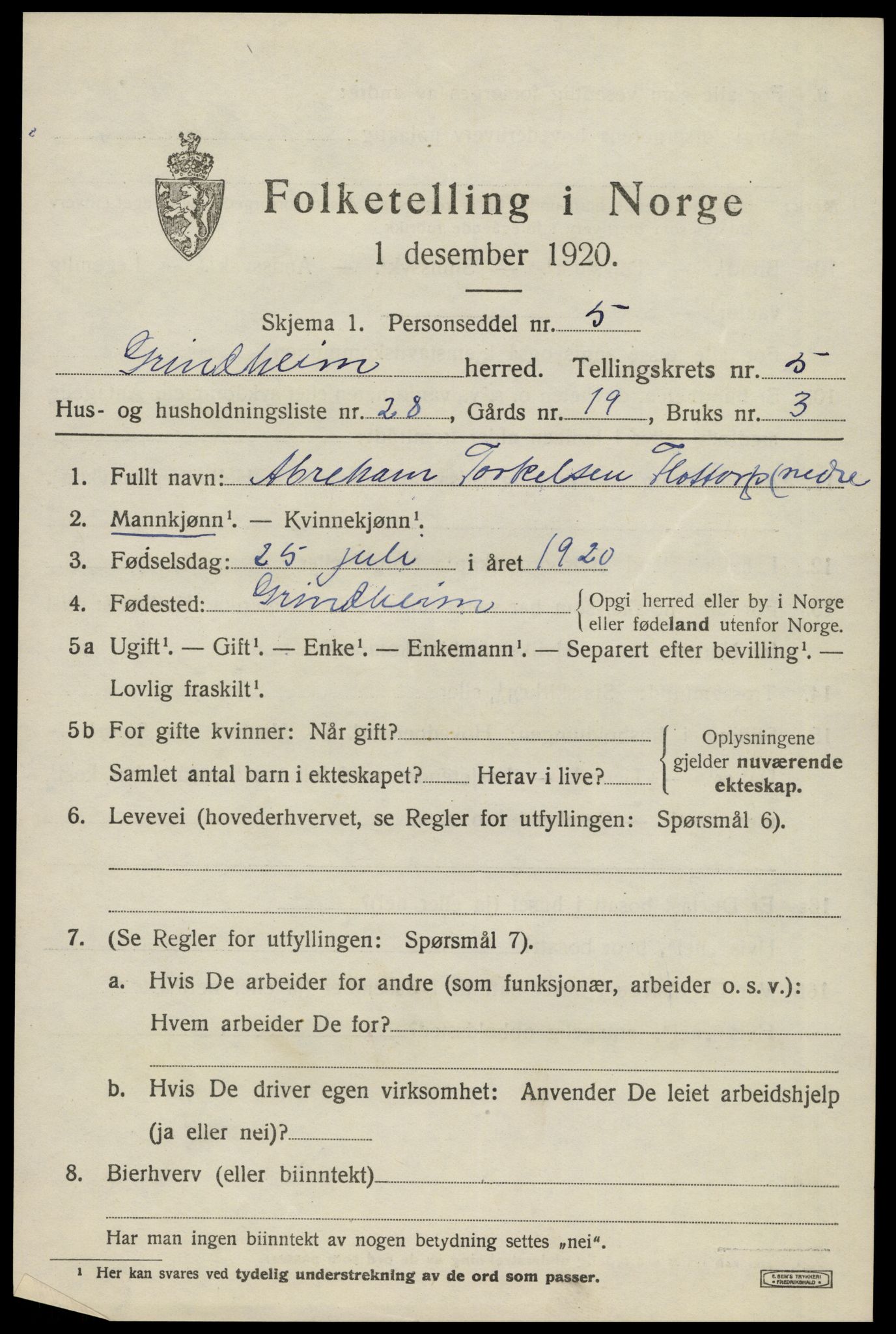 SAK, Folketelling 1920 for 1025 Grindheim herred, 1920, s. 1847