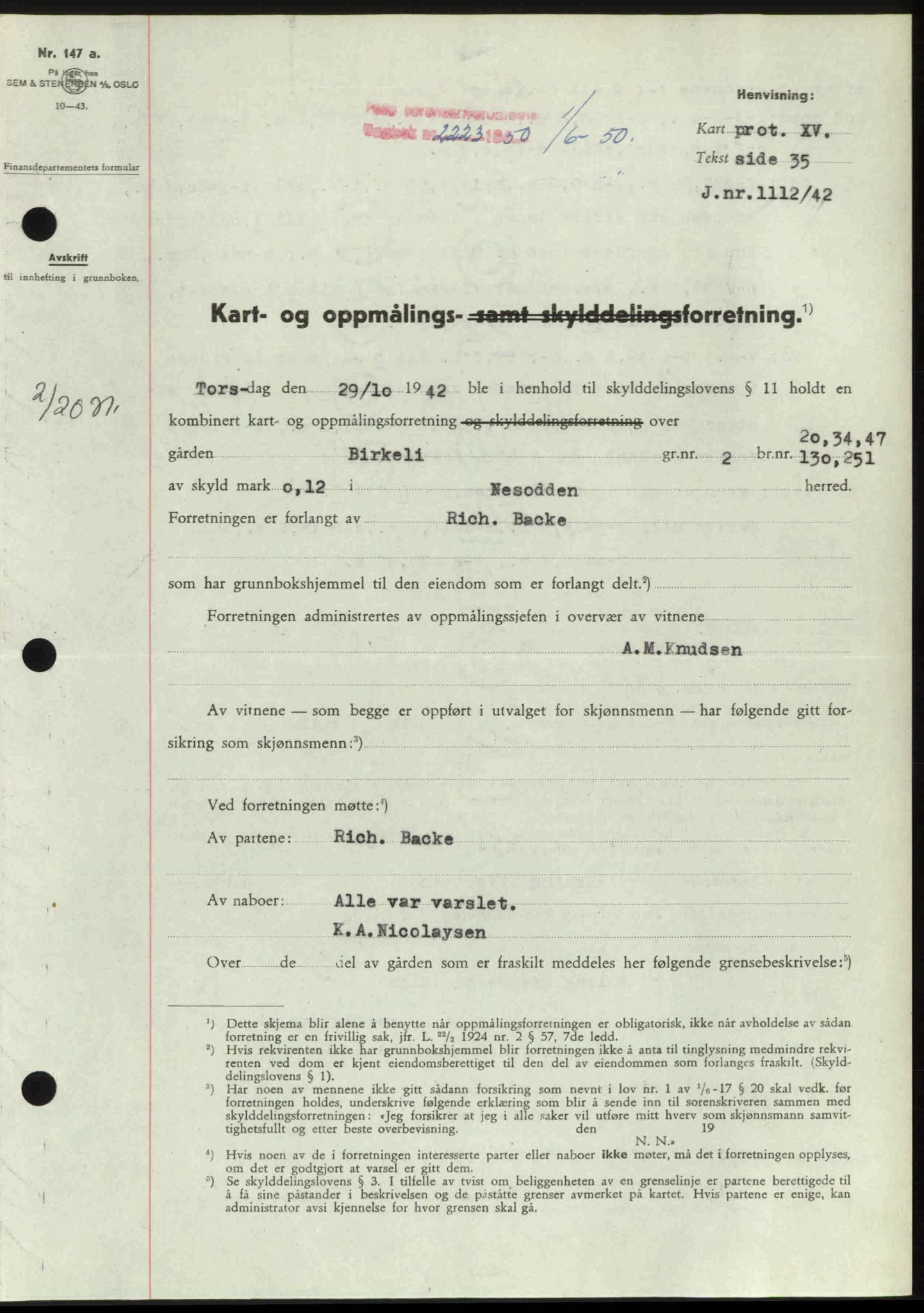 Follo sorenskriveri, SAO/A-10274/G/Ga/Gaa/L0092: Pantebok nr. I 92, 1950-1950, Dagboknr: 2223/1950