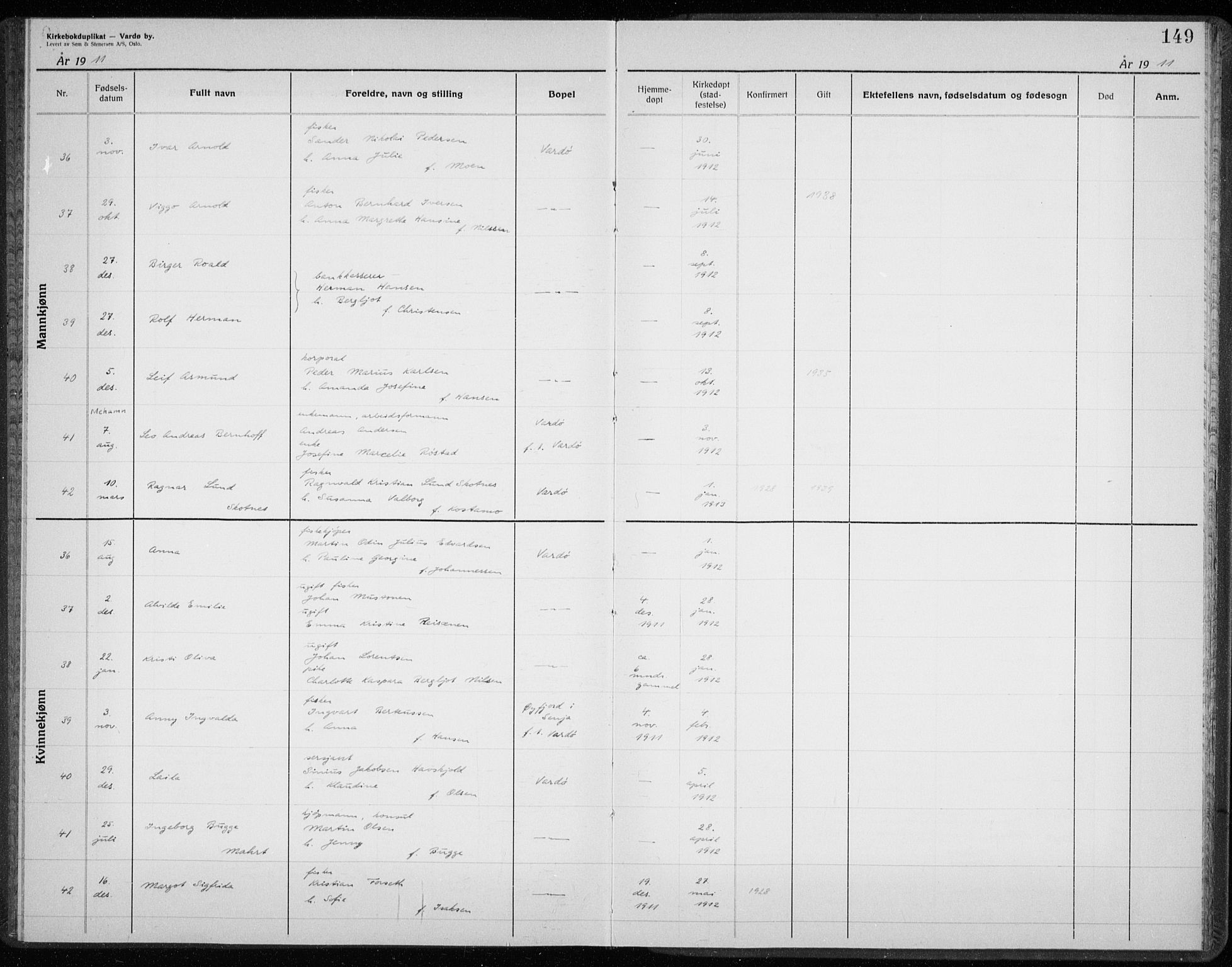 Vardø sokneprestkontor, AV/SATØ-S-1332/H/Hc/L0001kirkerekon: Annen kirkebok nr. 1, 1900-1914, s. 149