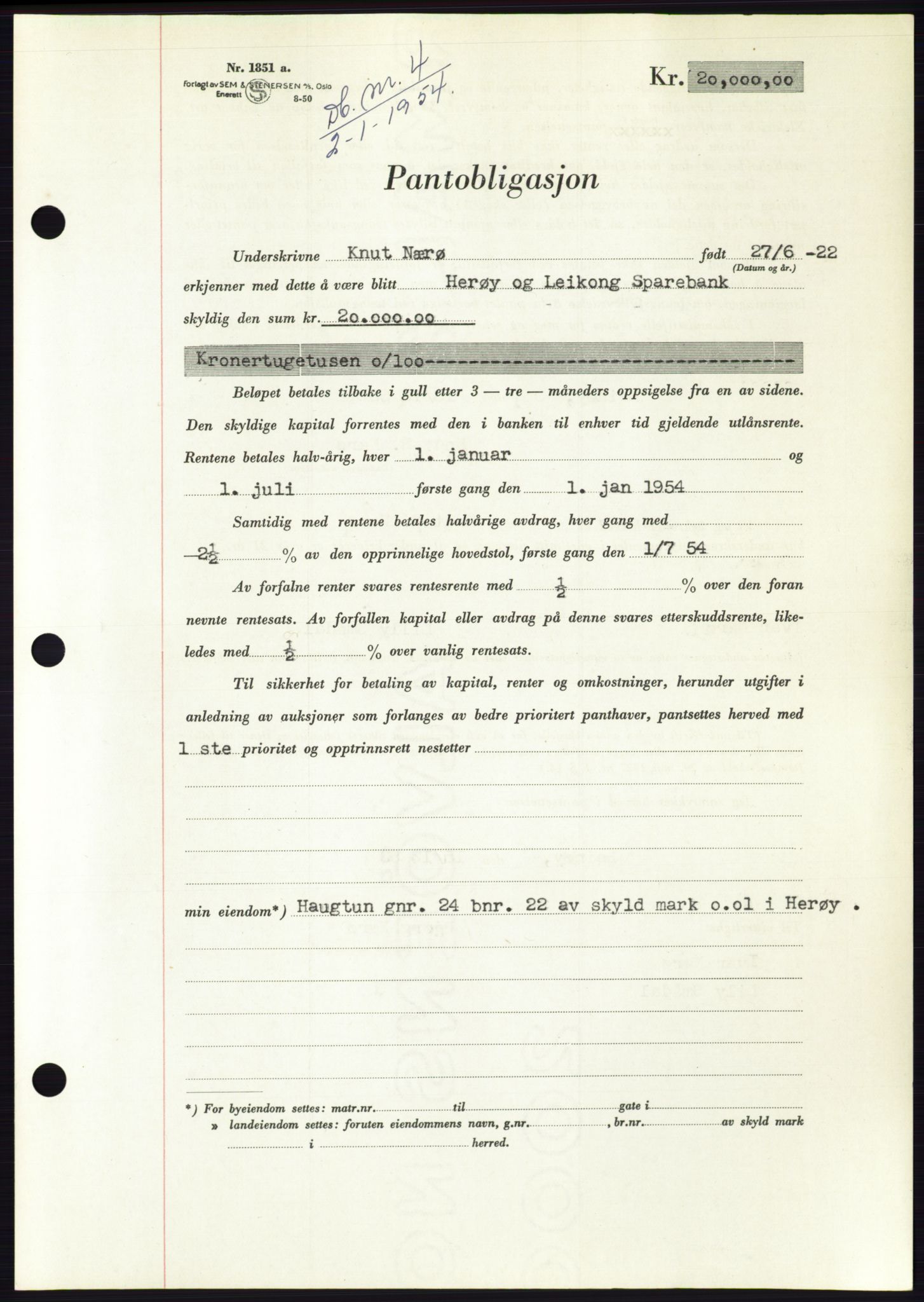 Søre Sunnmøre sorenskriveri, AV/SAT-A-4122/1/2/2C/L0124: Pantebok nr. 12B, 1953-1954, Dagboknr: 4/1954