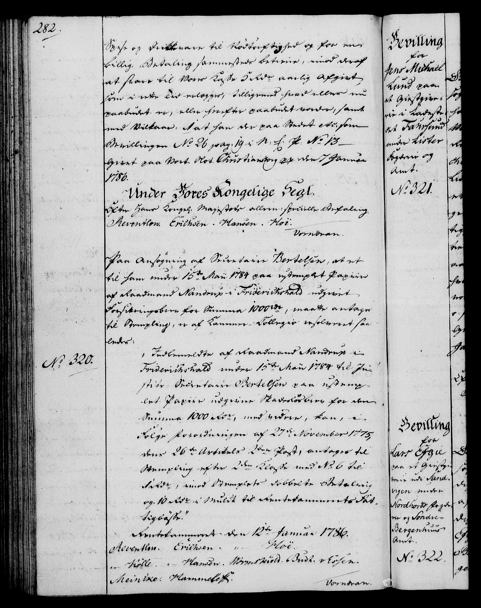 Rentekammeret, Kammerkanselliet, AV/RA-EA-3111/G/Gg/Gga/L0013: Norsk ekspedisjonsprotokoll med register (merket RK 53.13), 1784-1787, s. 282