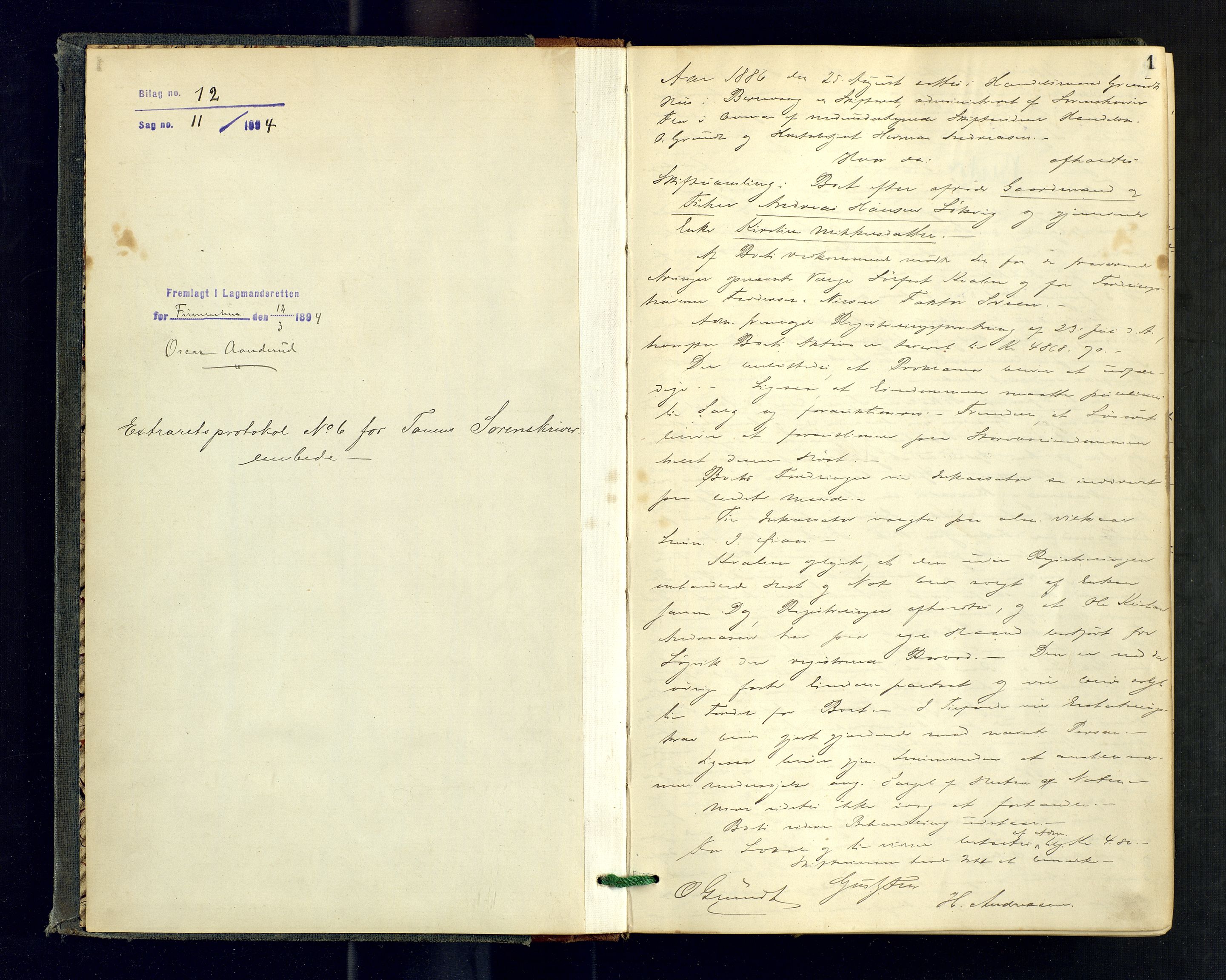 Tana fogderi/sorenskriveri, AV/SATØ-S-0058/H/Ha/Hab/L0113: Ekstrarettsprotokoller. Med register., 1886-1894, s. 1
