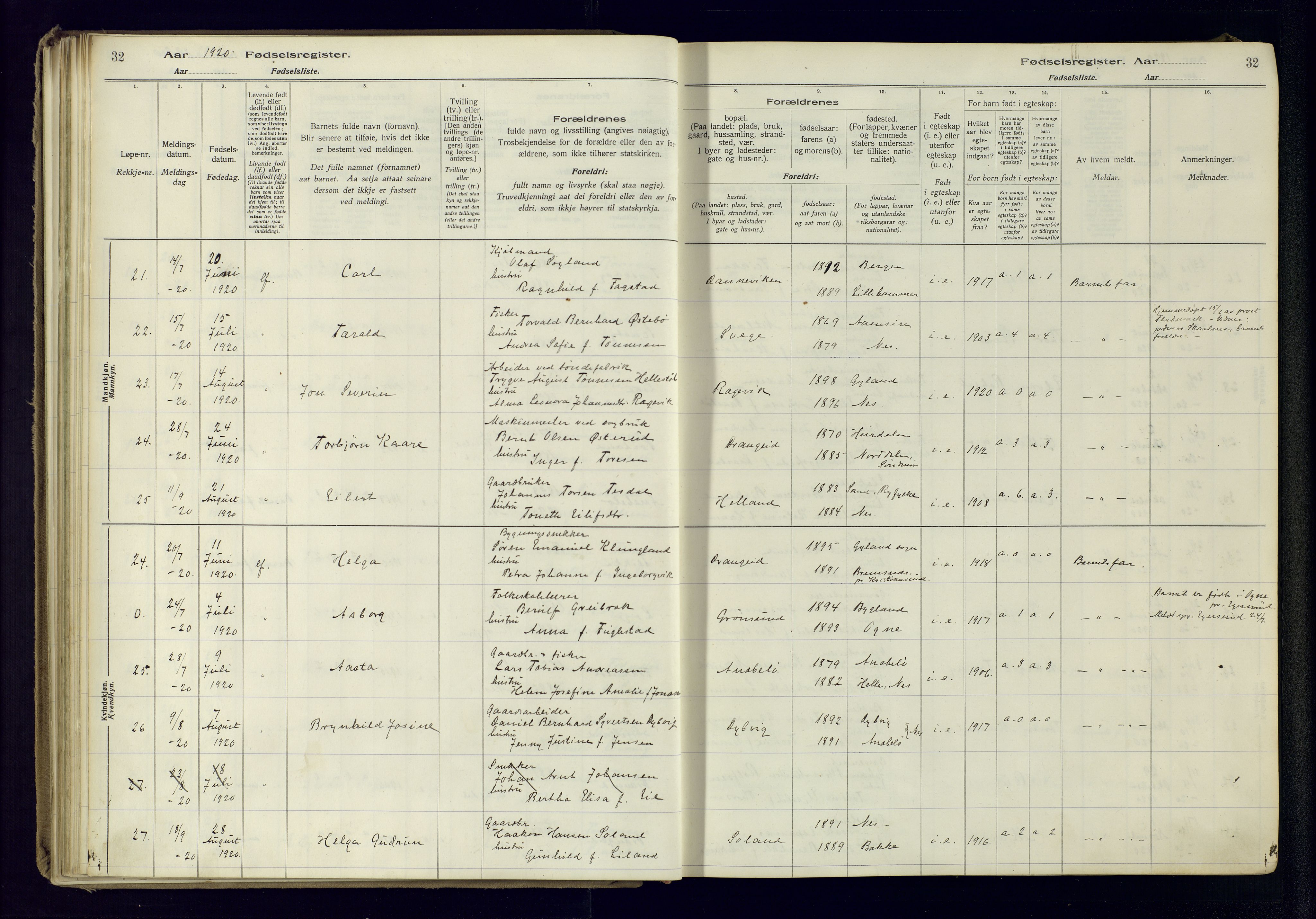 Flekkefjord sokneprestkontor, SAK/1111-0012/J/Ja/L0005: Fødselsregister nr. 5, 1916-1950, s. 32